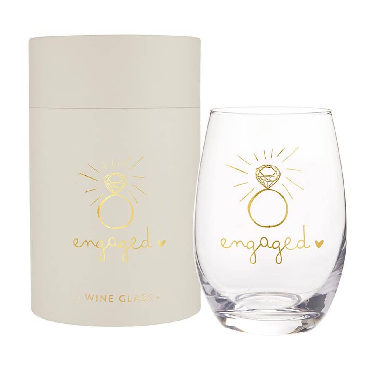 Clear wine glass with 'engaged' design and matching gift box on a white background