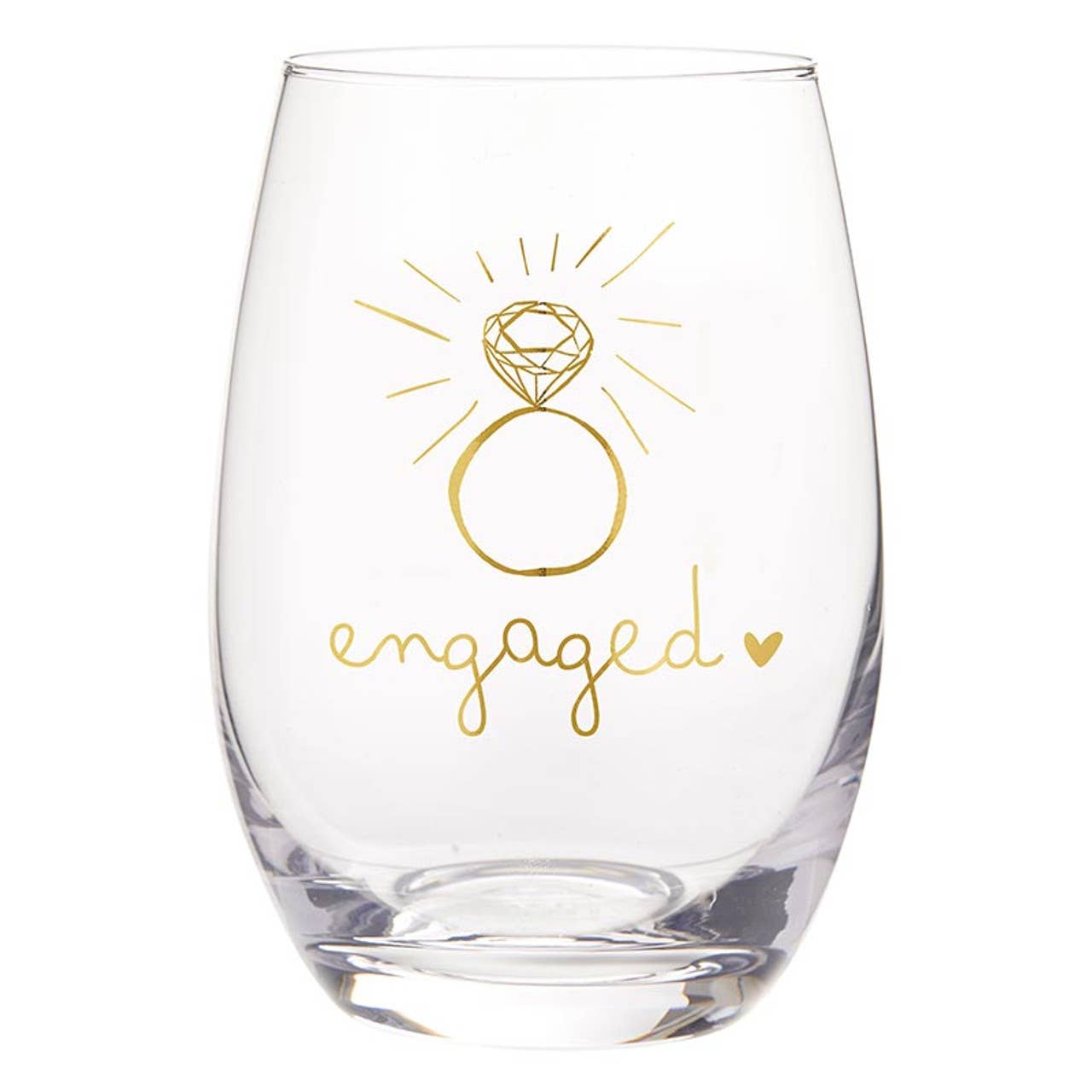 Clear glass with gold 'engaged' design on a white background