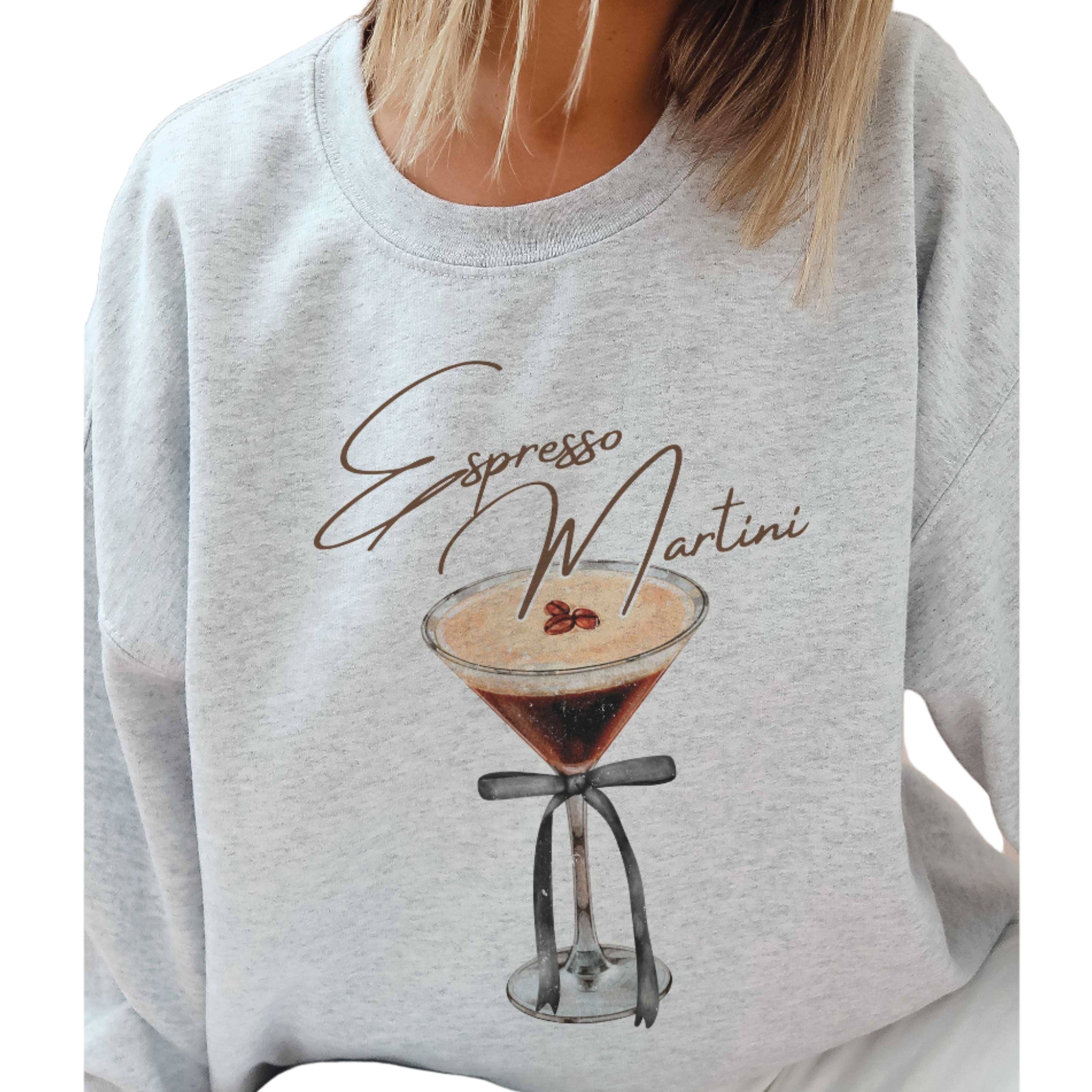 Gray sweatshirt with 'Espresso Martini' design and drink illustration