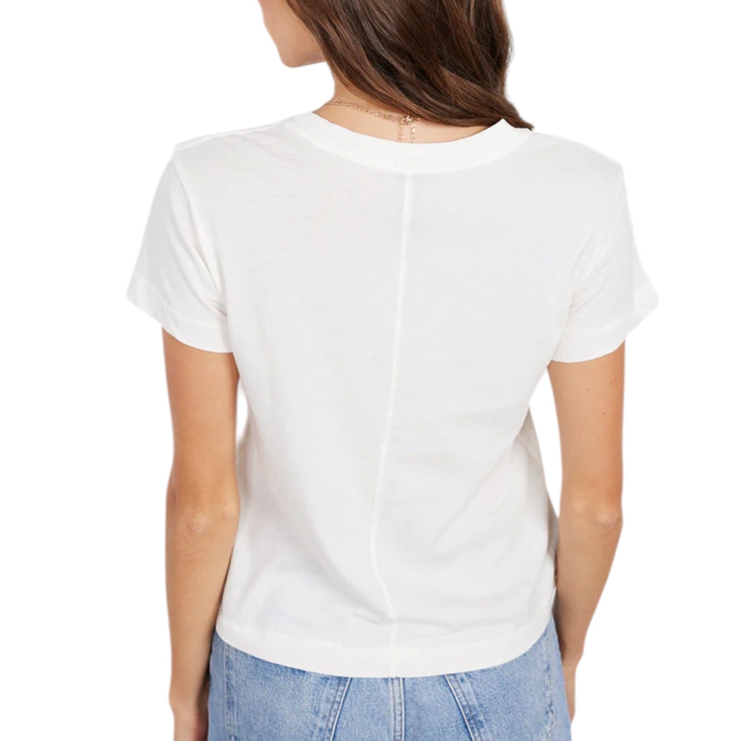 Person wearing a plain white t-shirt on a white background
