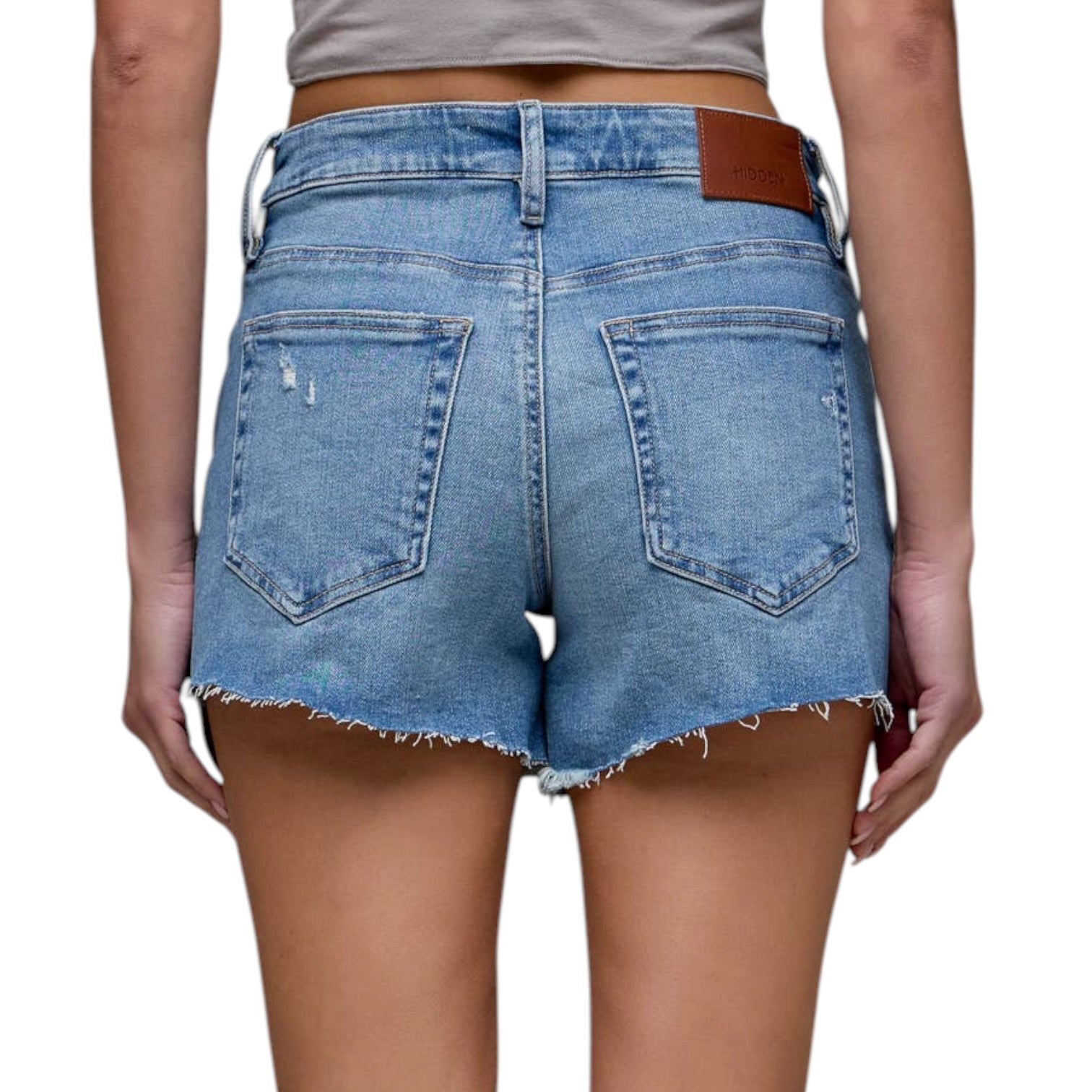 Blue denim shorts with a brown belt on a white background