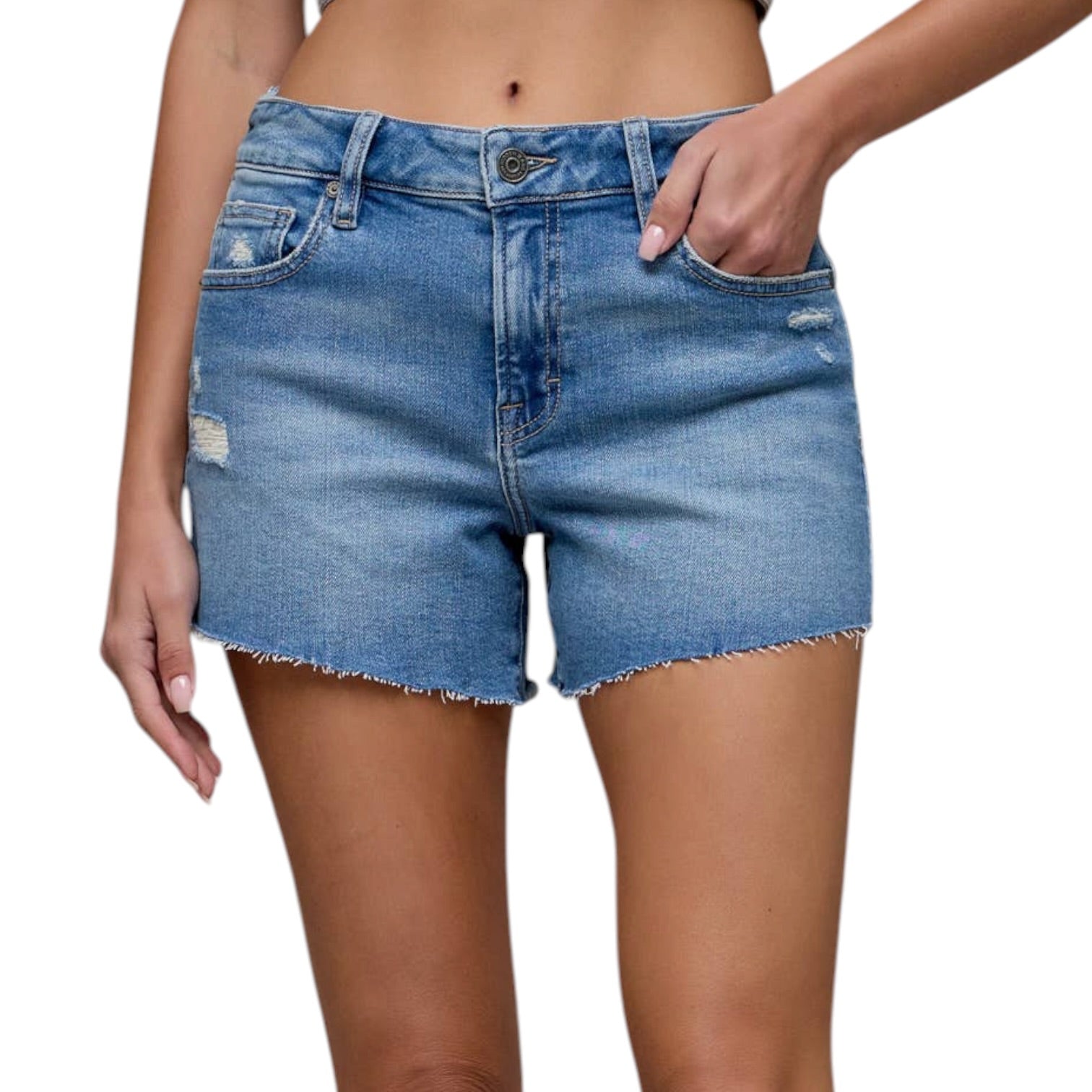 Blue denim shorts worn by a person on a white background