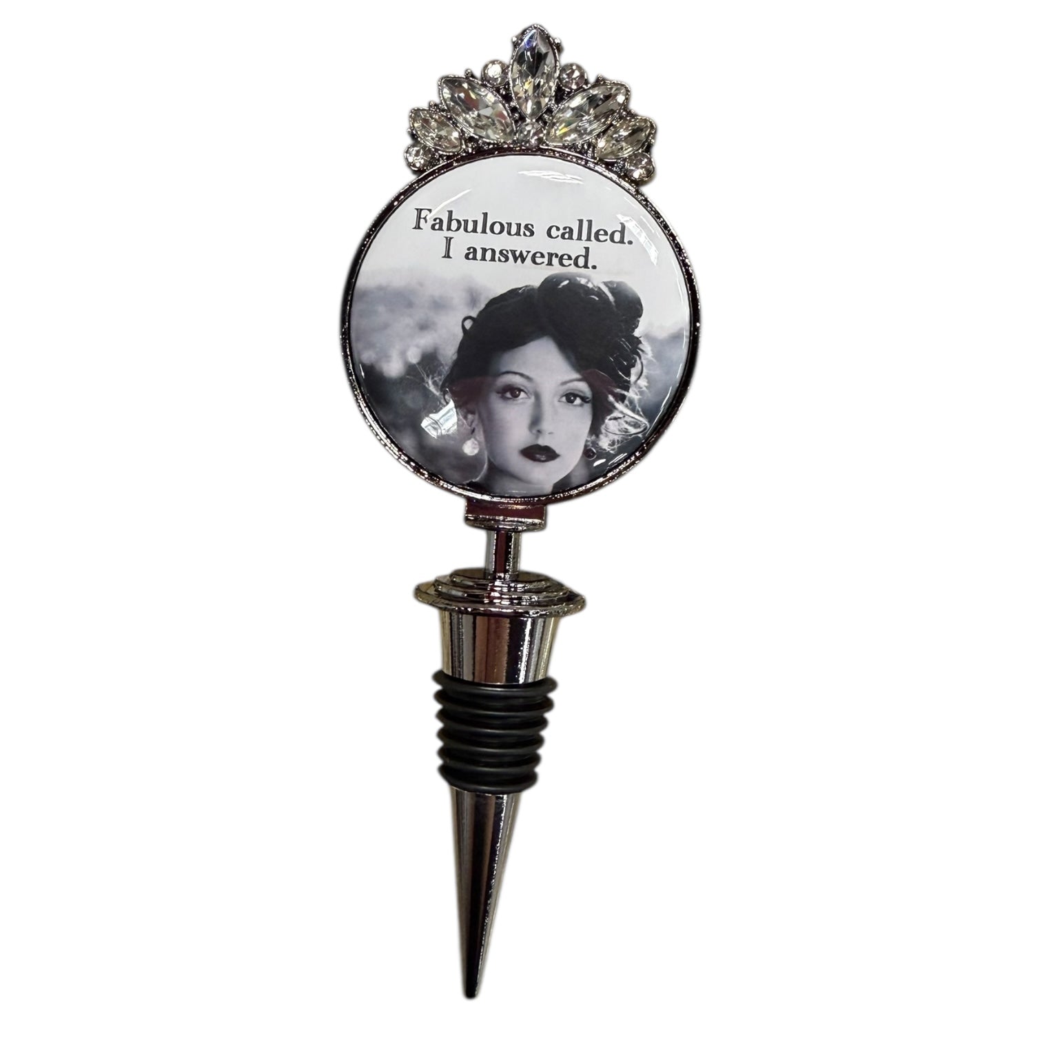 Wine bottle stopper with decorative top and black and white photo of a woman on a white background
