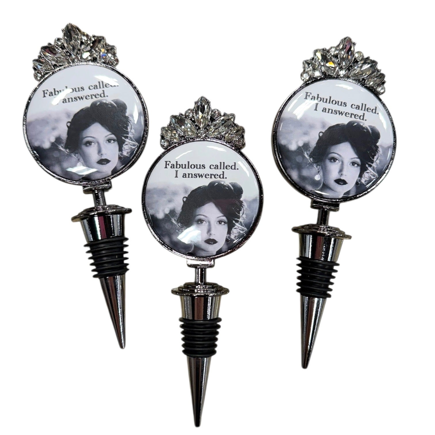 Three decorative bottle stoppers with a common design featuring a woman's face and text on a white background.
