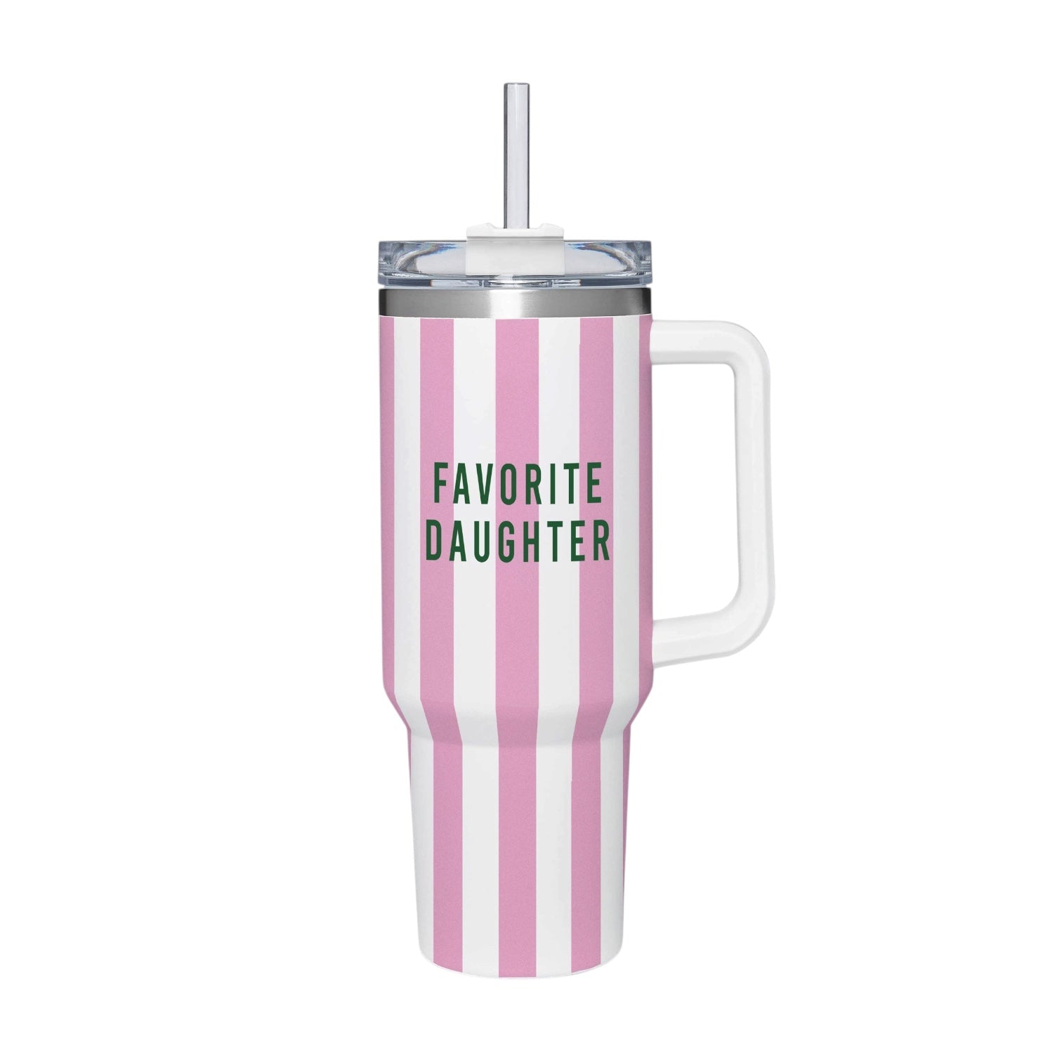 Pink and white striped mug with 'Favorite Daughter' text on a white background