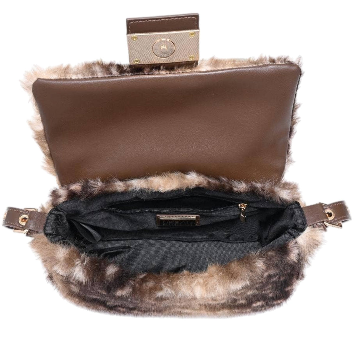 A brown faux fur and leather shoulder bag shown open, featuring a brown leather interior, black lining, and gold-tone hardware on a white background.