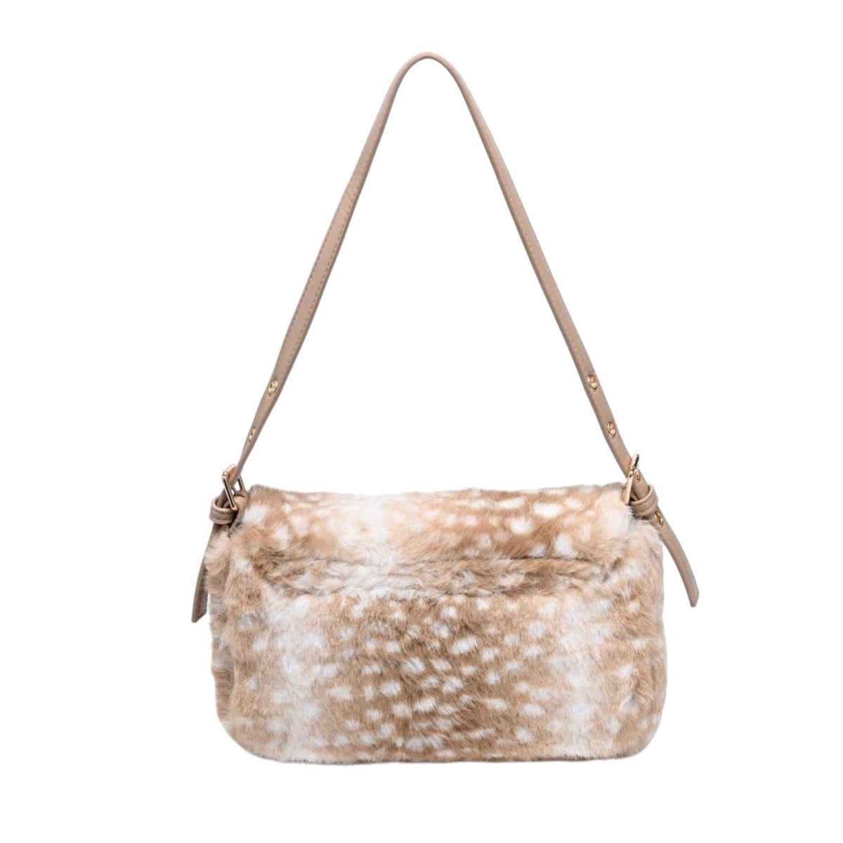 A shoulder bag with a soft faux fur body featuring a light brown and white spotted deer print pattern, complete with a slim tan shoulder strap and gold-tone hardware, shown against a plain white background.