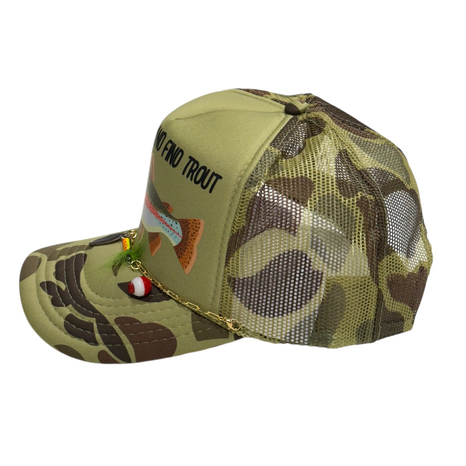 Camouflage baseball cap with fishing lure detail on a white background