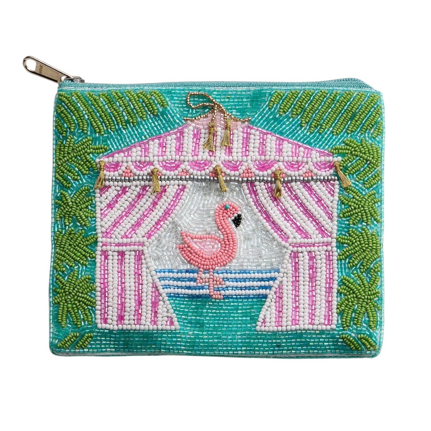 Embroidered pouch with flamingo design on a white background