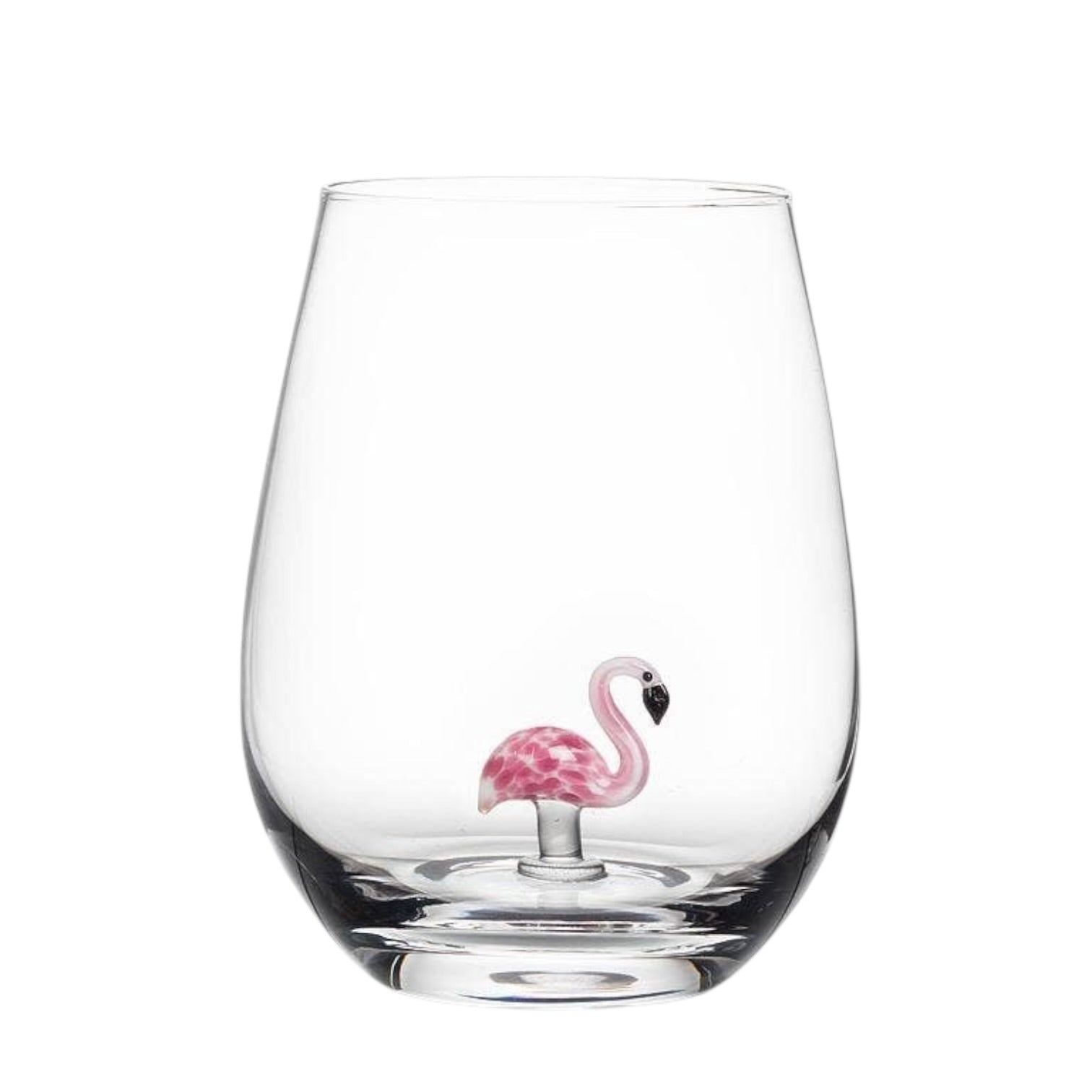 Clear glass with a pink flamingo design on a white background