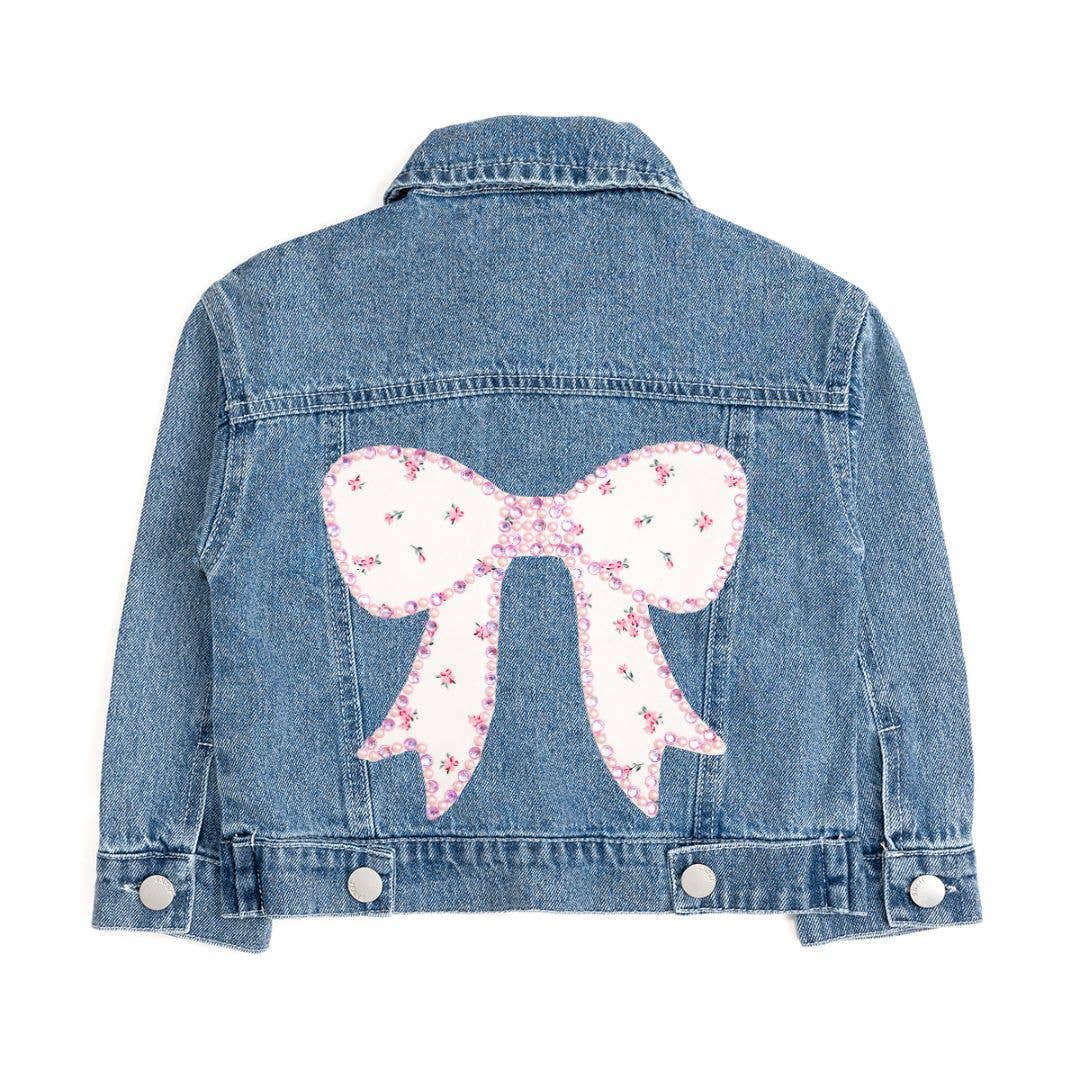 Denim jacket with a floral bow design on a white background