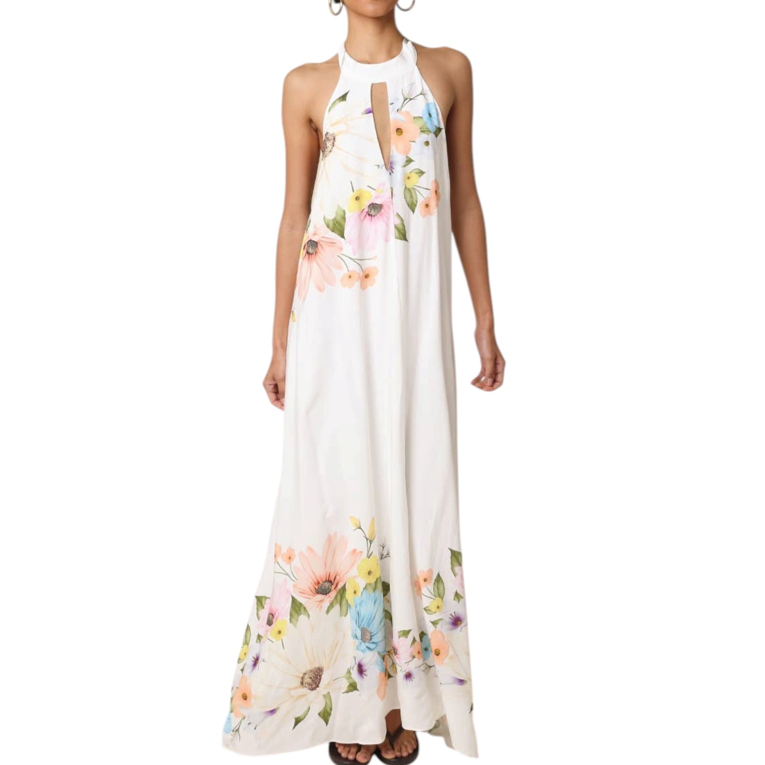 White halter neck dress with colorful floral pattern on a white background