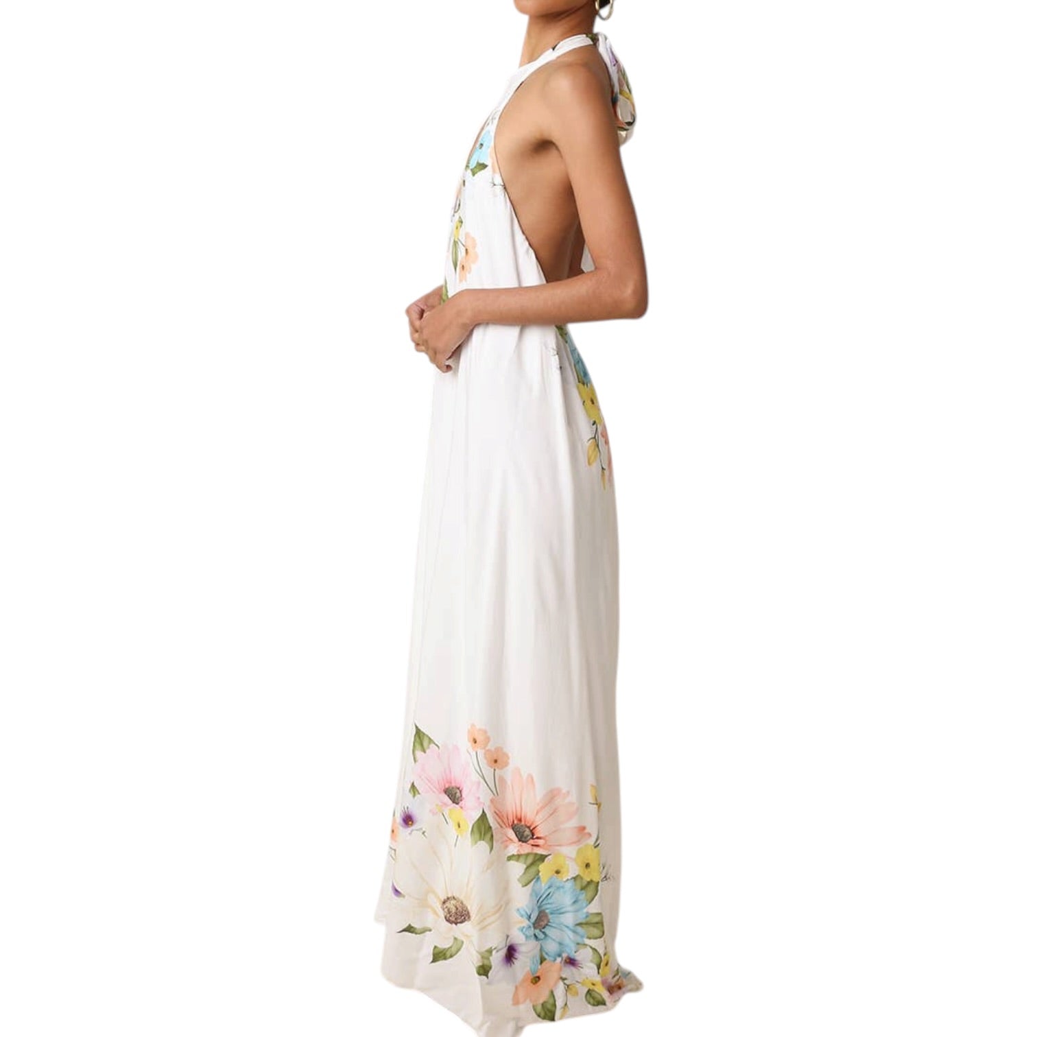 White dress with floral patterns on a white background