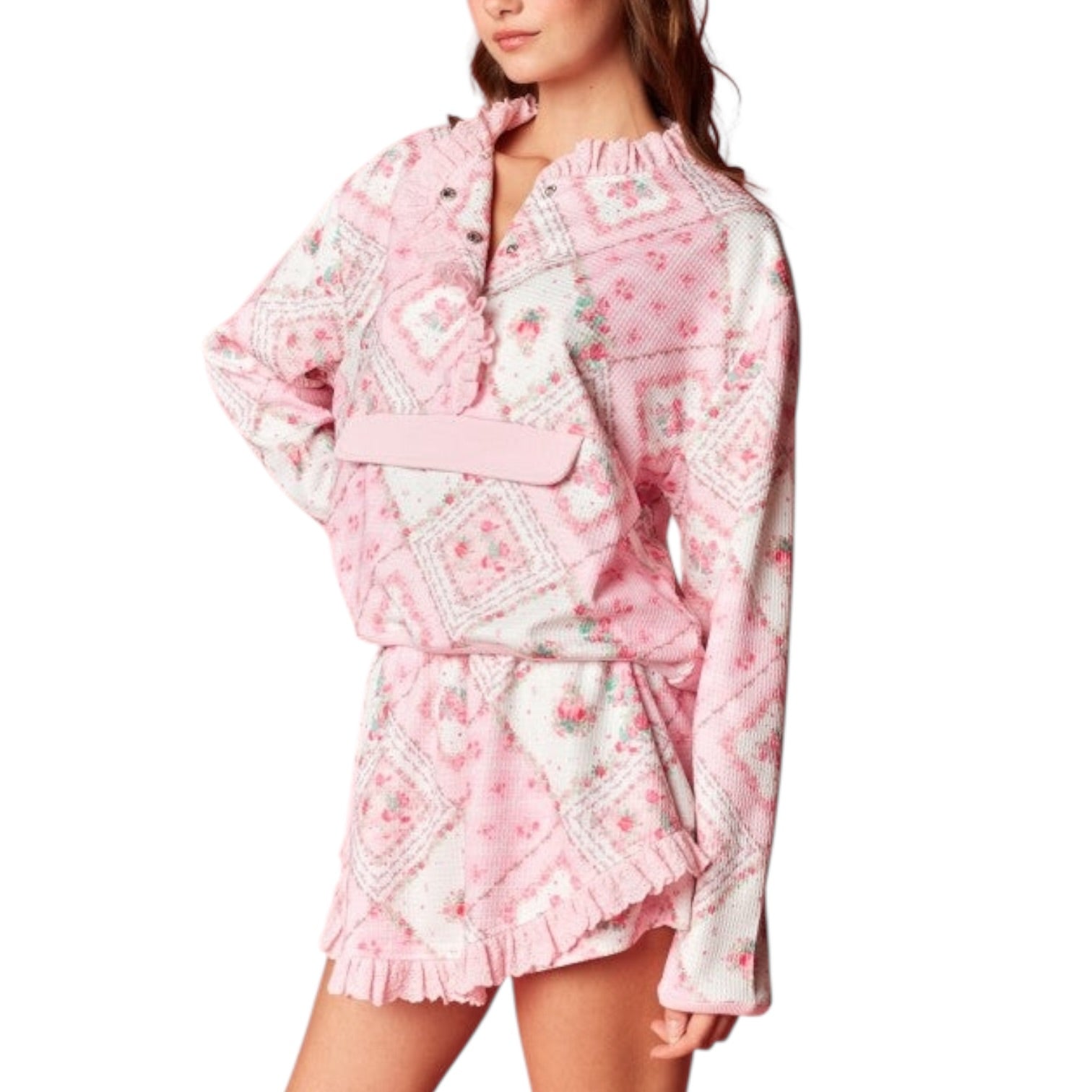 Pink floral lounge set on a white background