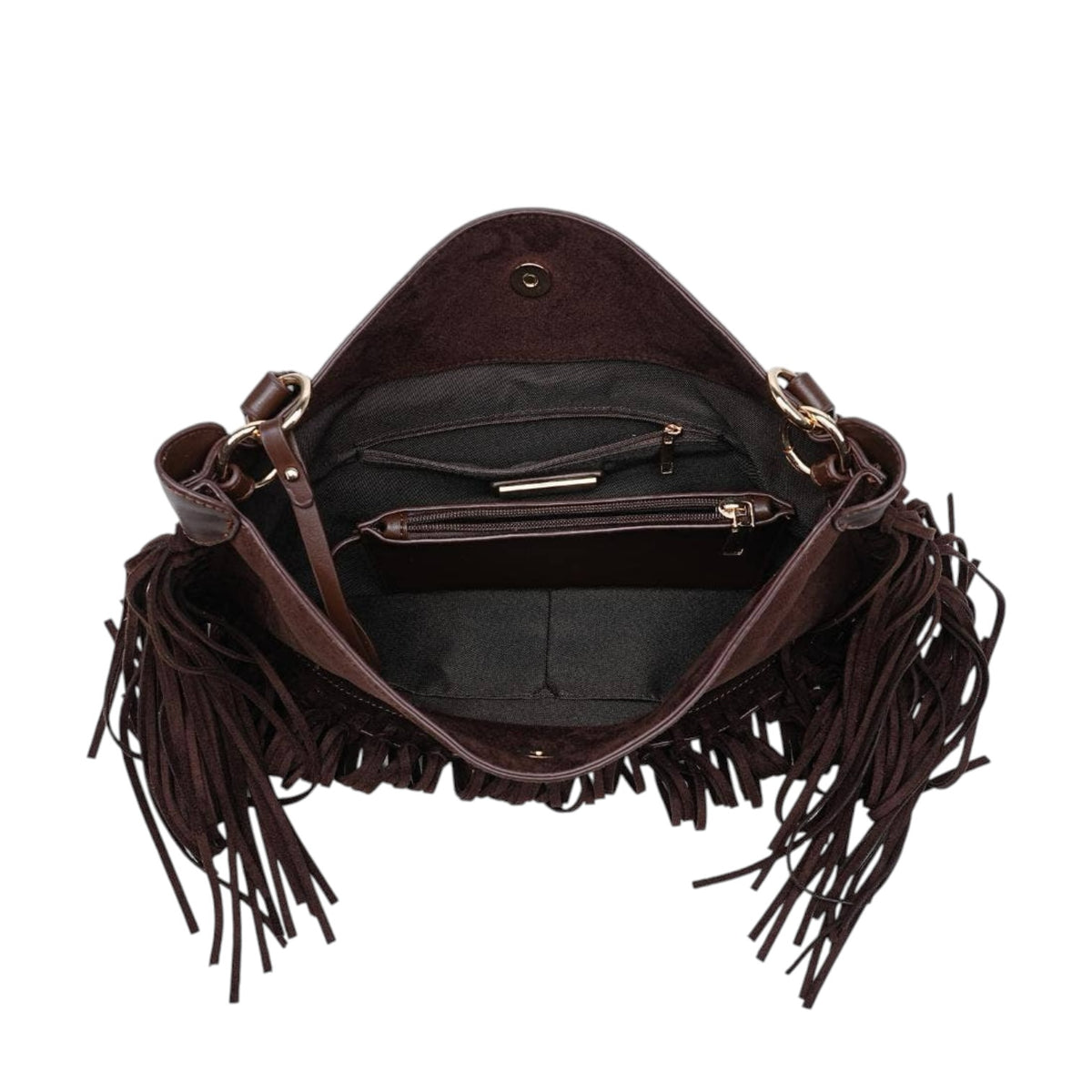 A dark brown suede shoulder bag with long fringe detailing, shown from a top-down view to display its interior compartments, including a zippered pocket and a black fabric lining.