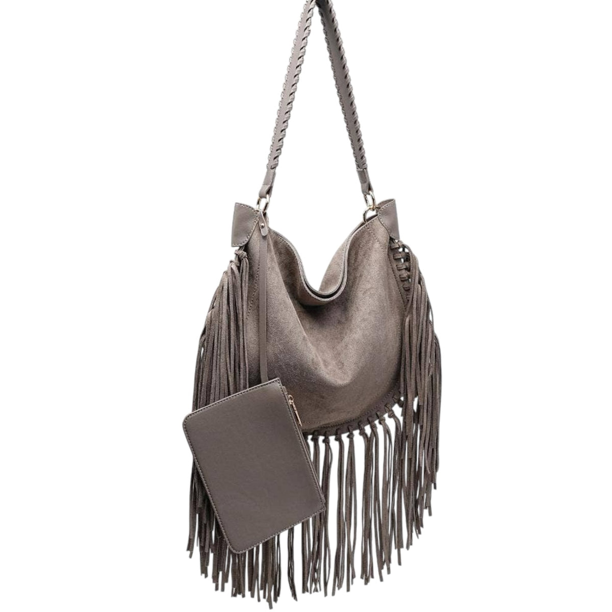 A taupe brown suede slouchy shoulder bag with long fringe and a matching zippered pouch, shown against a plain white background.