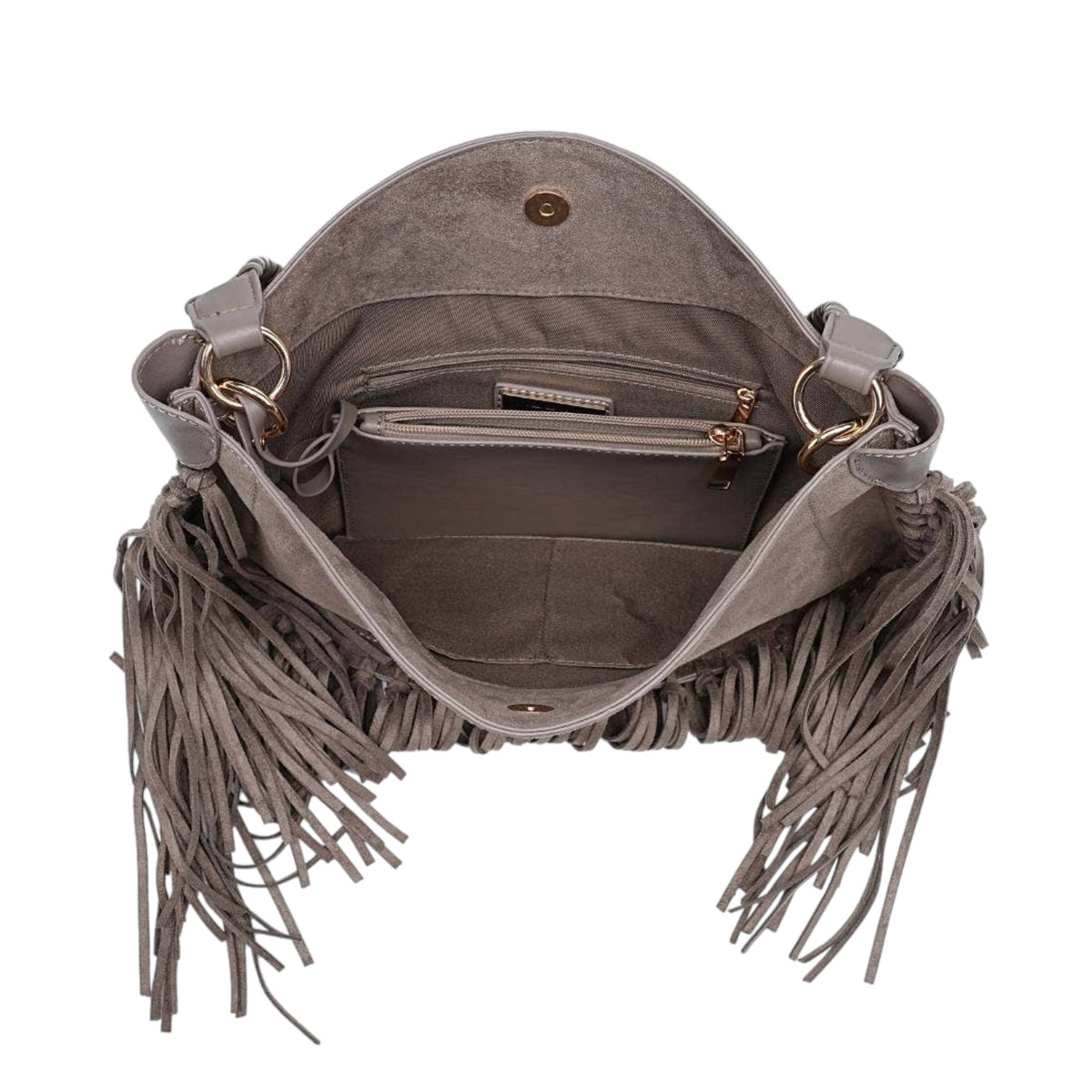 A taupe faux-suede shoulder bag with long fringe detailing, shown from an overhead view to display its interior compartments, zippered pocket, and hardware.