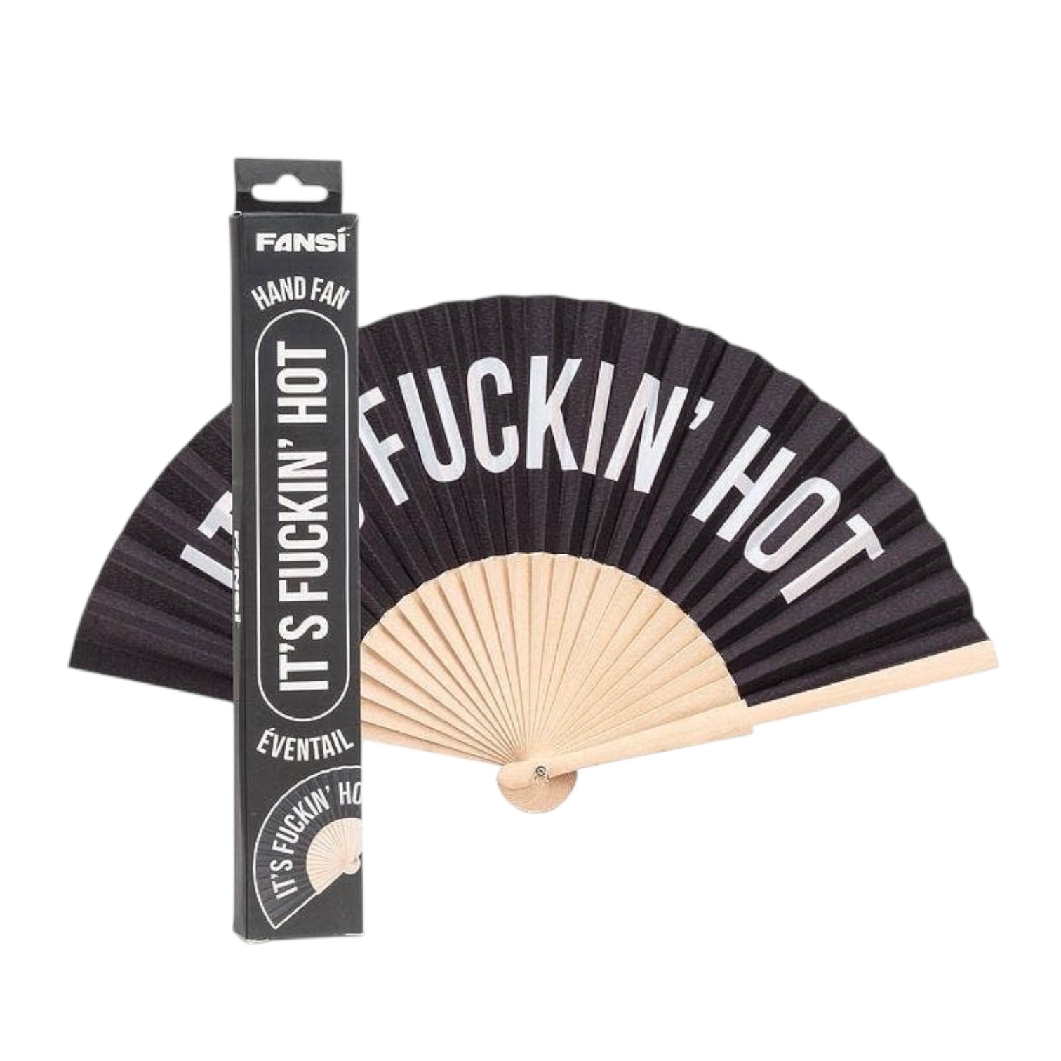 Hand fan with 'It's Fuckin' Hot' text and packaging on a white background