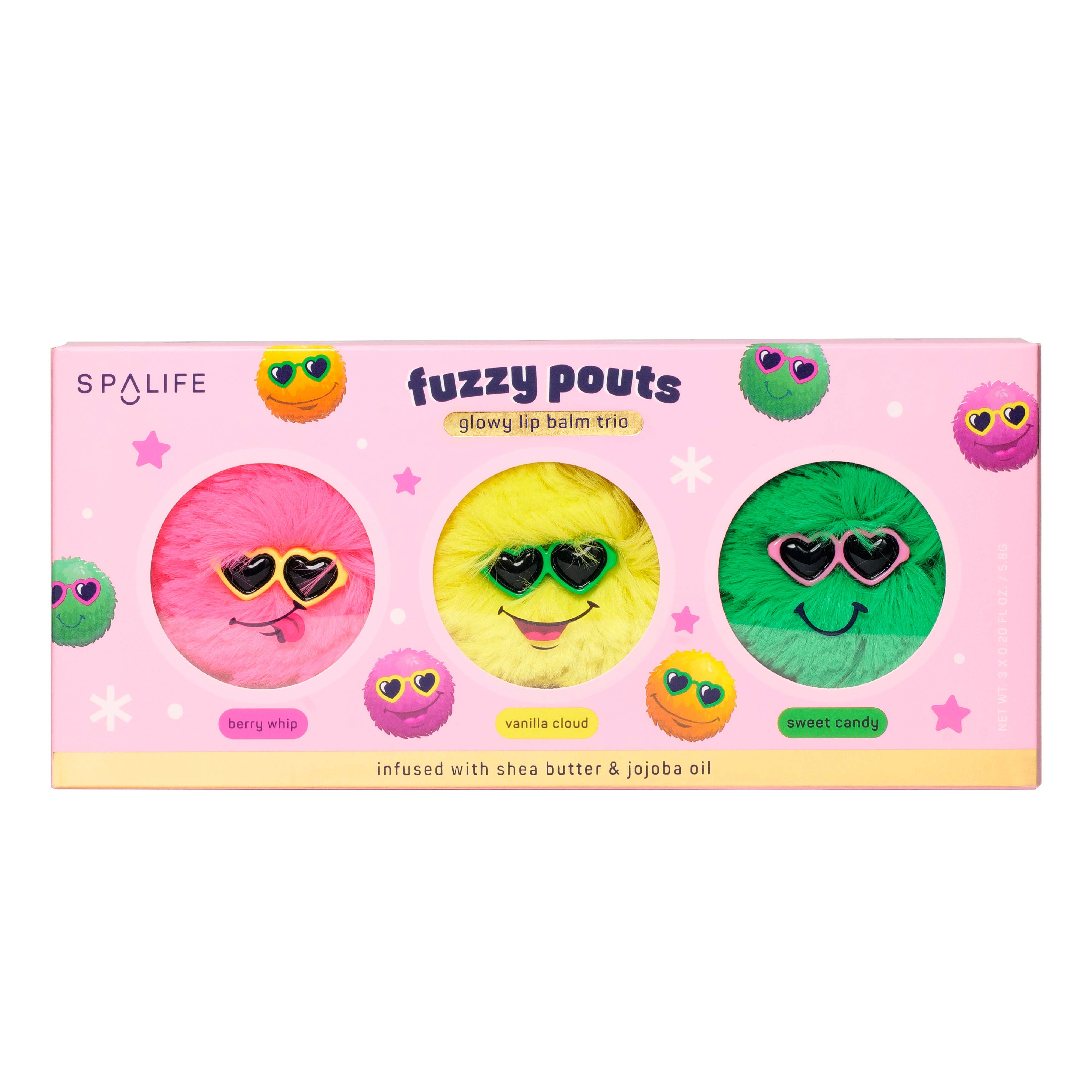 Spalife fuzzy pouts lip balm trio packaging on a white background