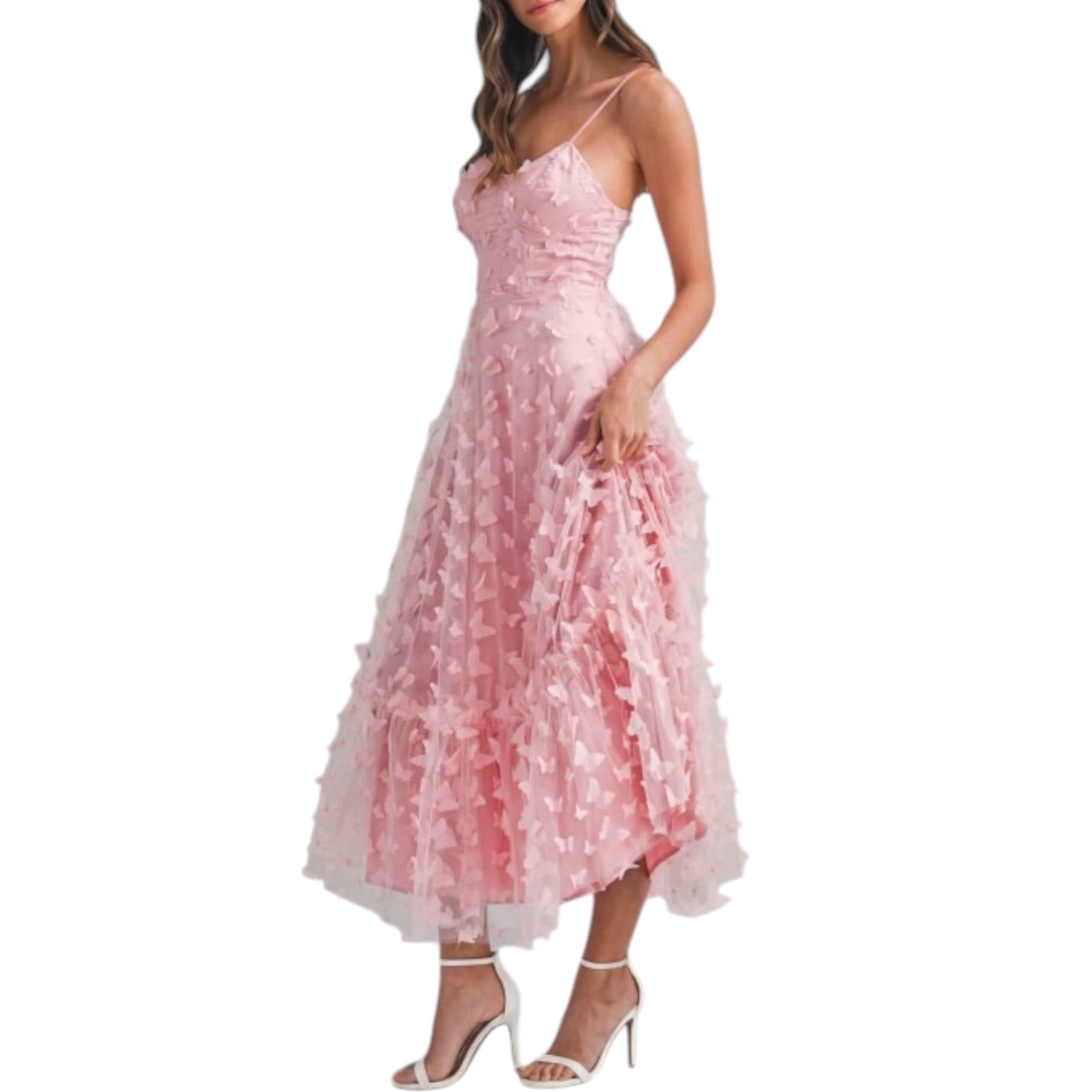 a woman wearing pink dress with butterflies on white background