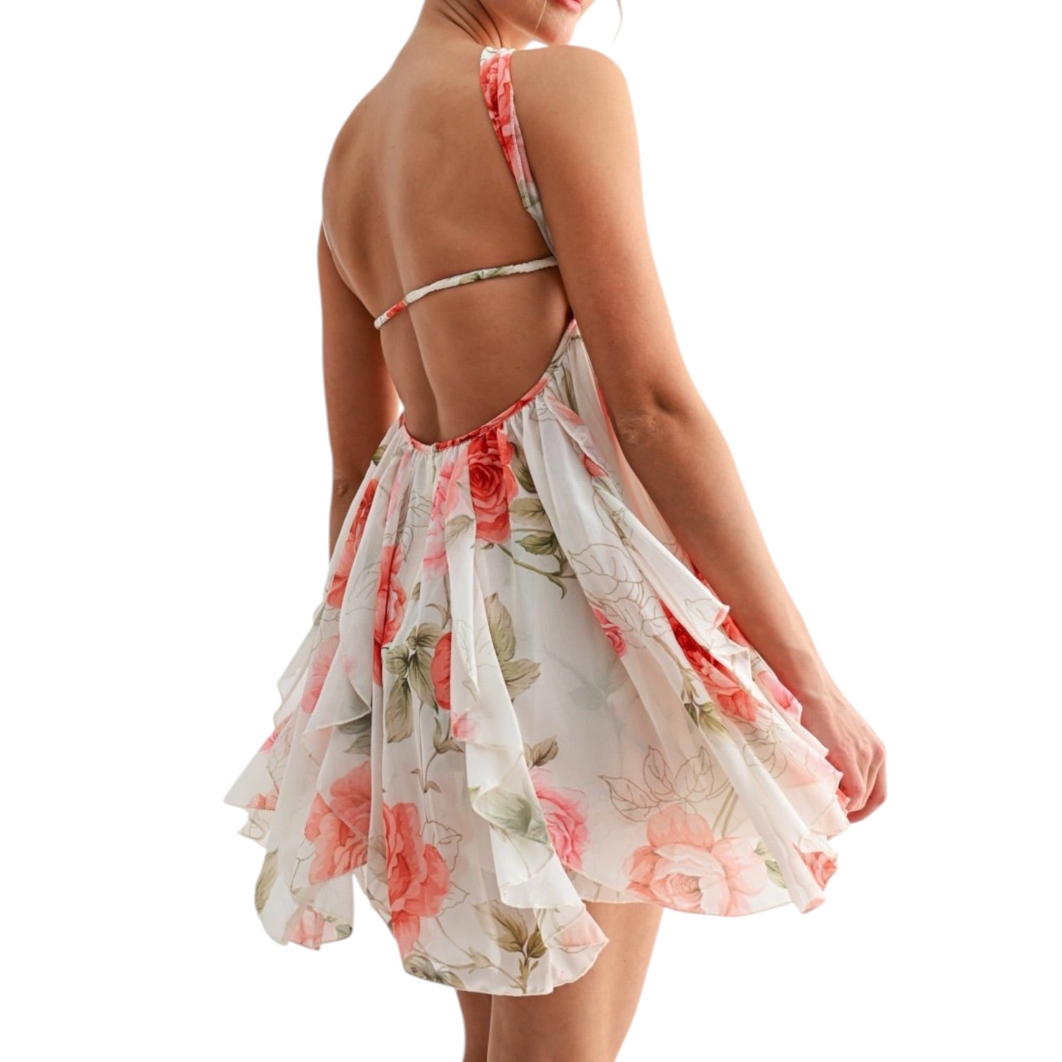 Woman wearing a floral dress with a white background