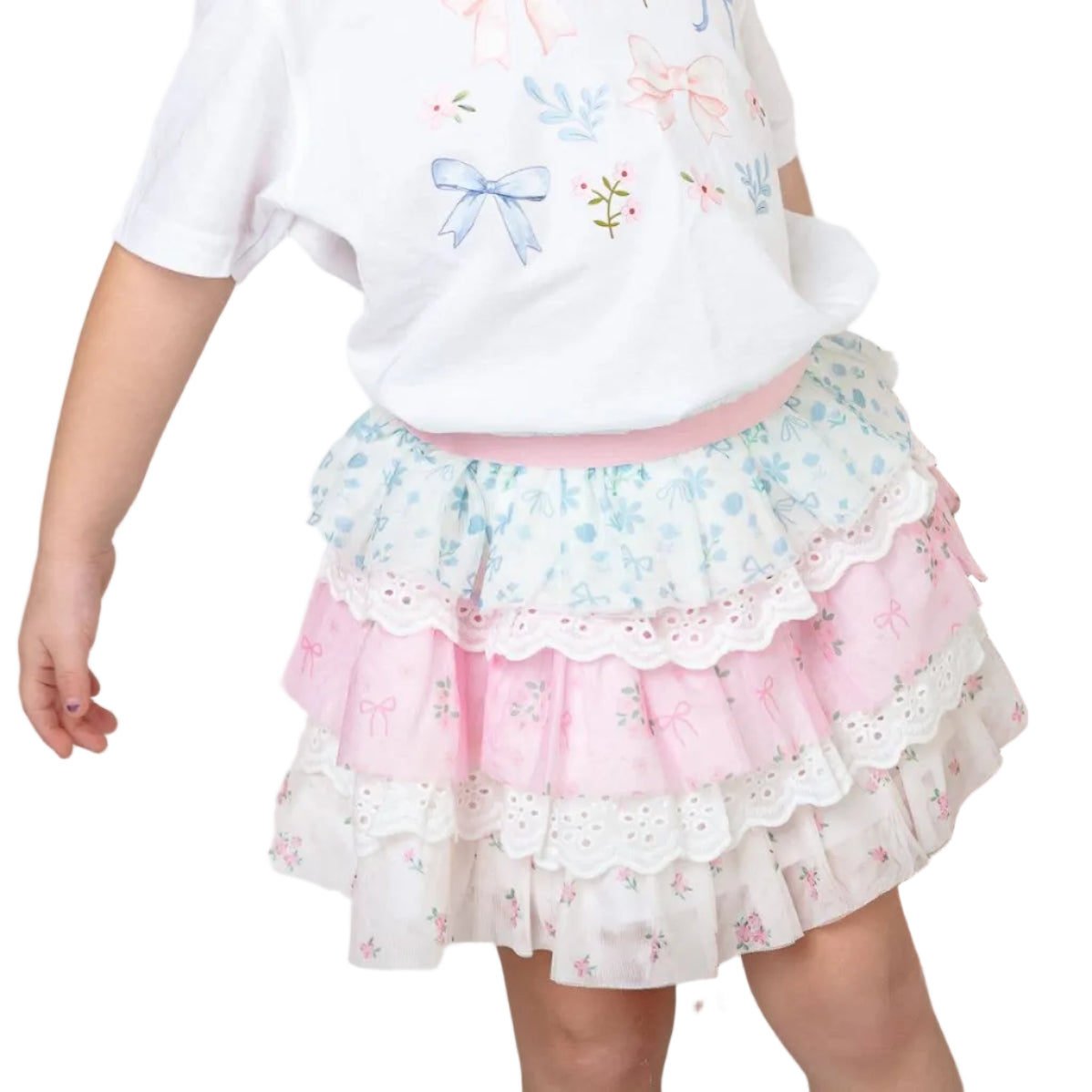 Child wearing a white floral top and pink skirt with a basket and pink checkered blanket in the background.