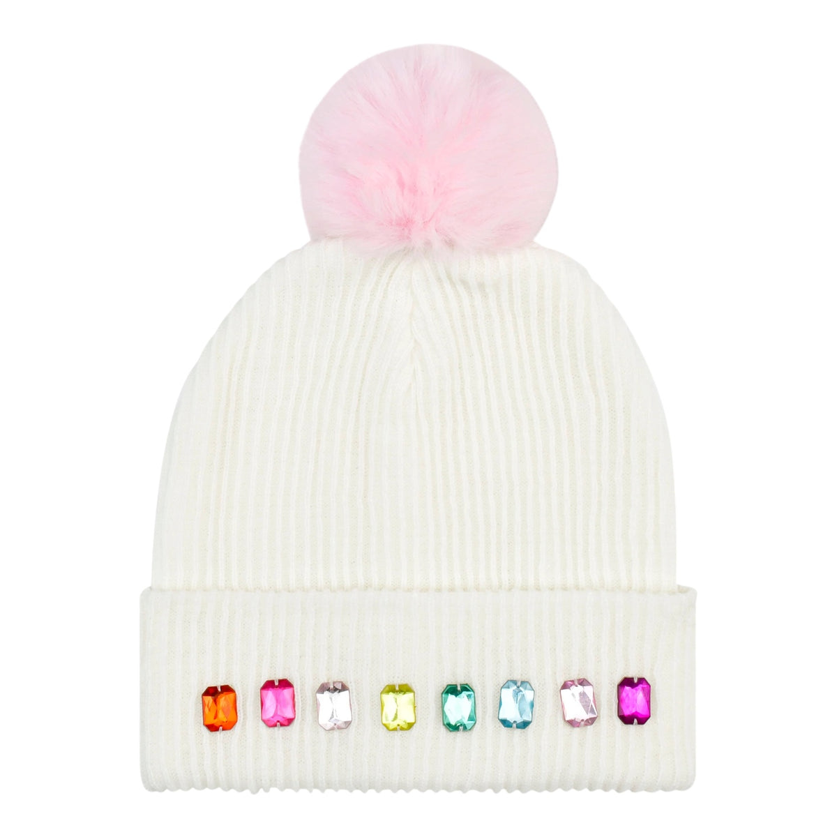 An off-white ribbed knit pom-pom beanie featuring a fluffy light pink pom-pom on top and a row of colorful faux gemstones on the folded cuff.