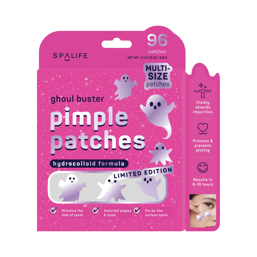 Spalife Ghoulish Buster Pimple Patches Limited Edition in a pink blister pack containing 96 multi-size patches, with ghost illustrations and product benefits listed on the packaging.