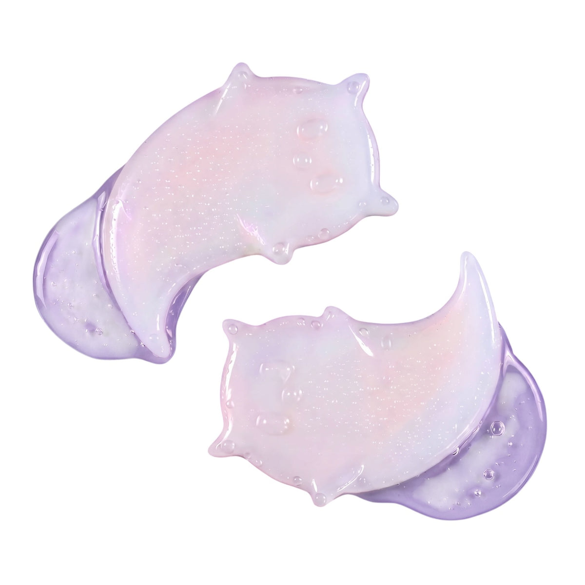 Two crescent moon-shaped gel patches with a pastel pink and lavender iridescent finish, shown on a plain white background.