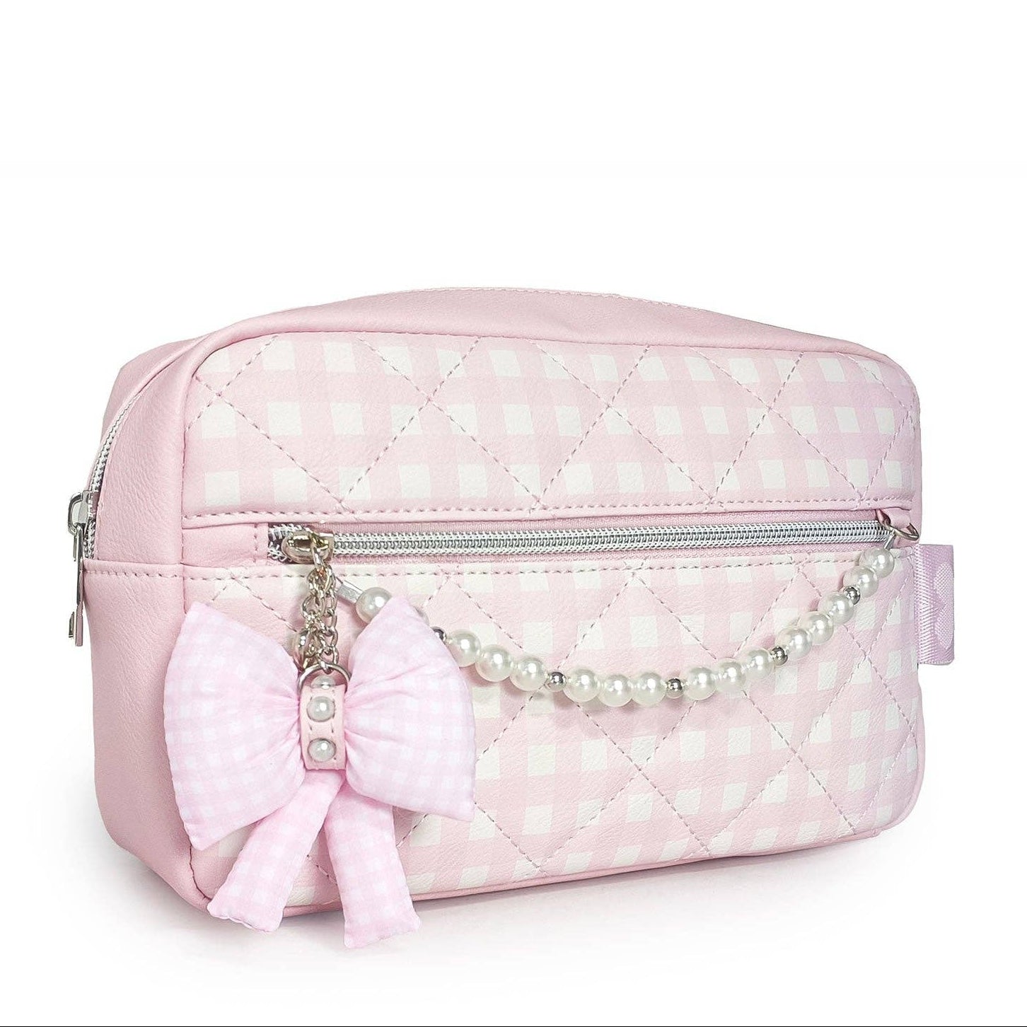 Pink quilted cosmetic bag with a bow and chain detail on a white background