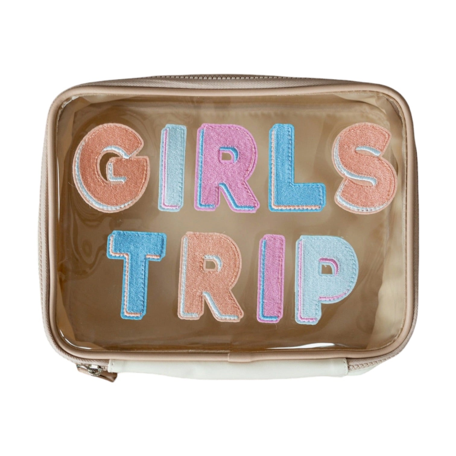 Transparent travel case with 'GIRLS TRIP' text in colorful letters on a white background
