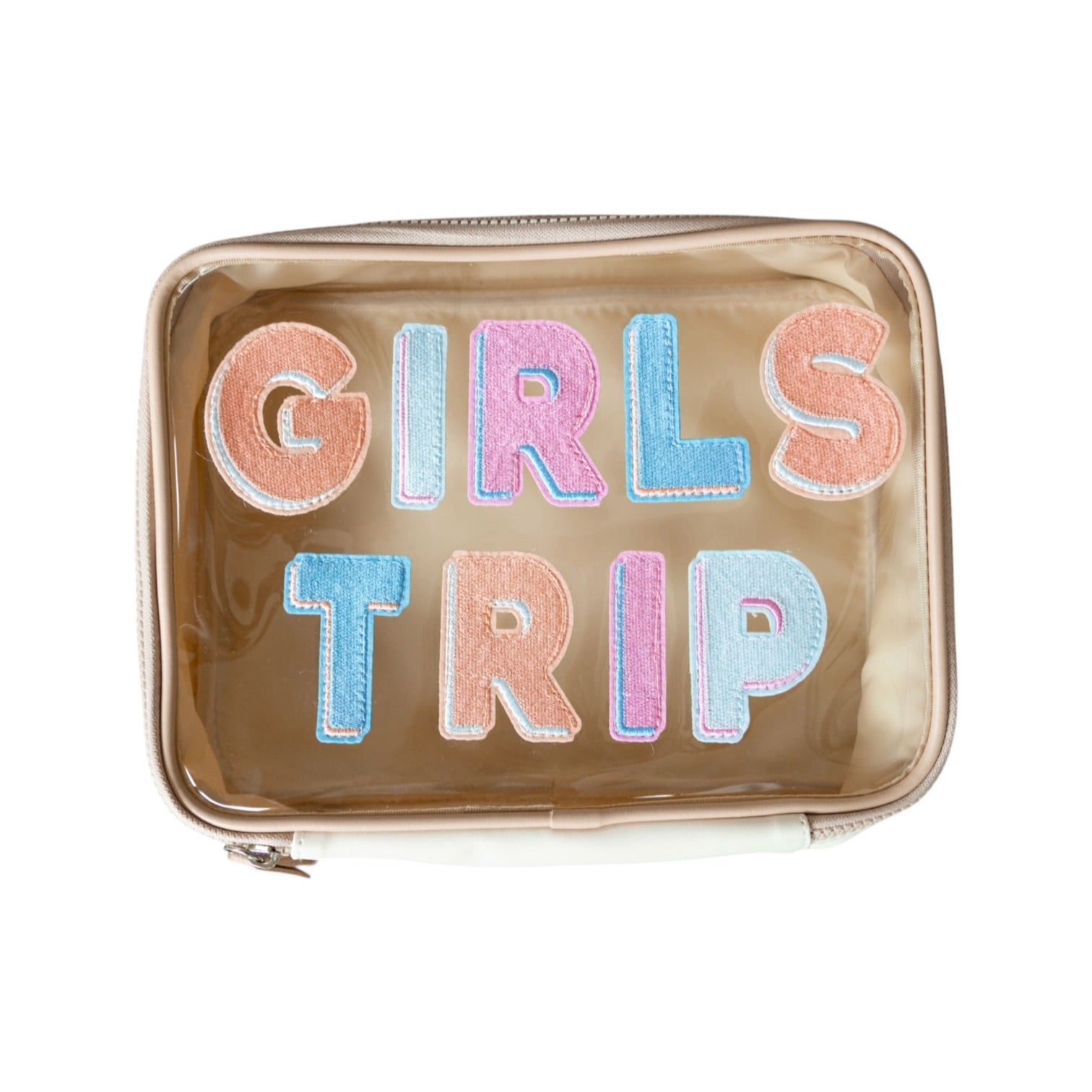 Transparent pouch with 'GIRLS TRIP' text in colorful letters on a white background