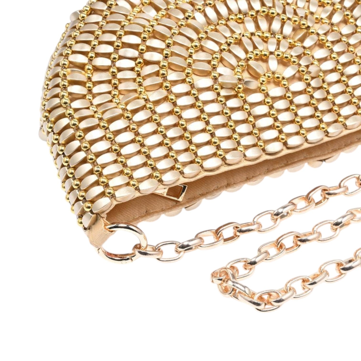 Gold beaded clutch with chain strap on a white background