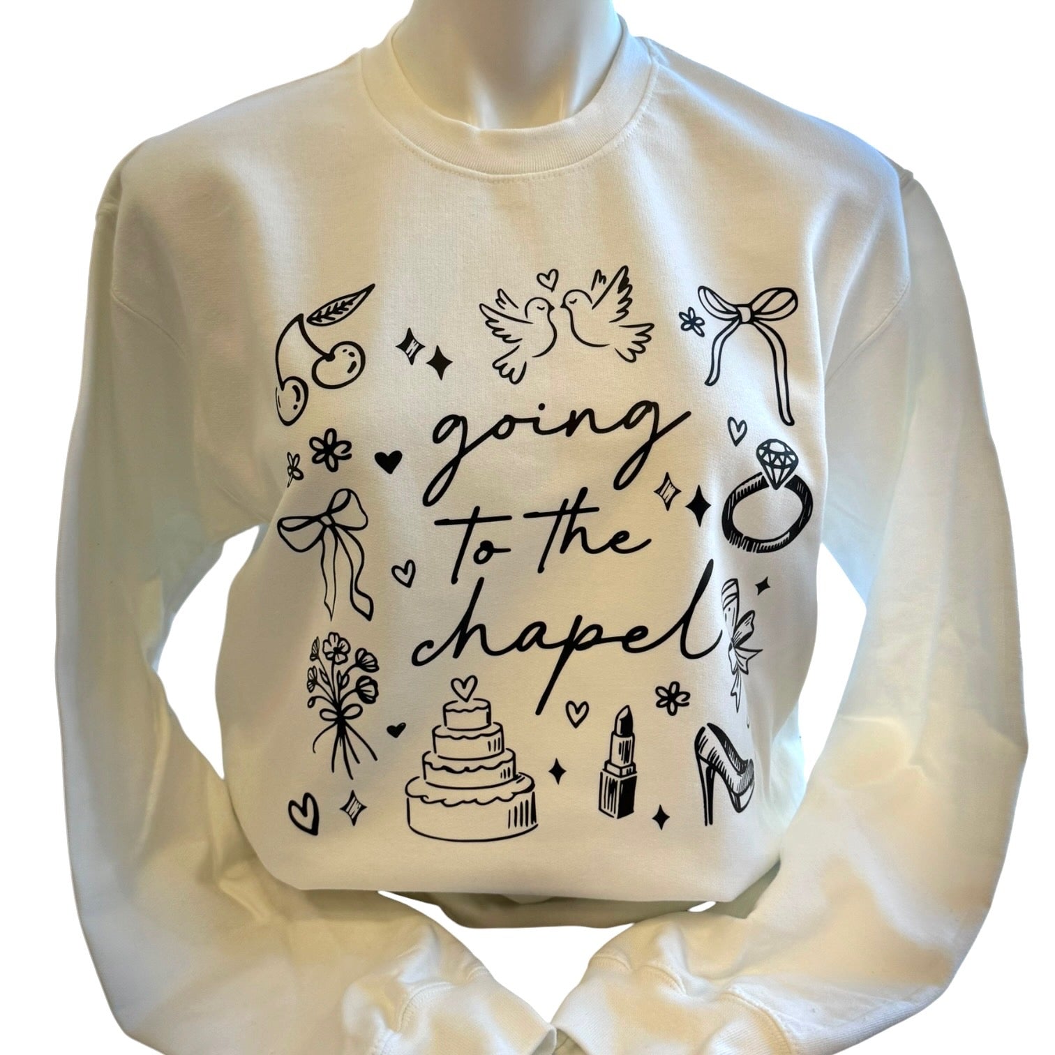 White sweatshirt with black graphic designs and text on a white background
