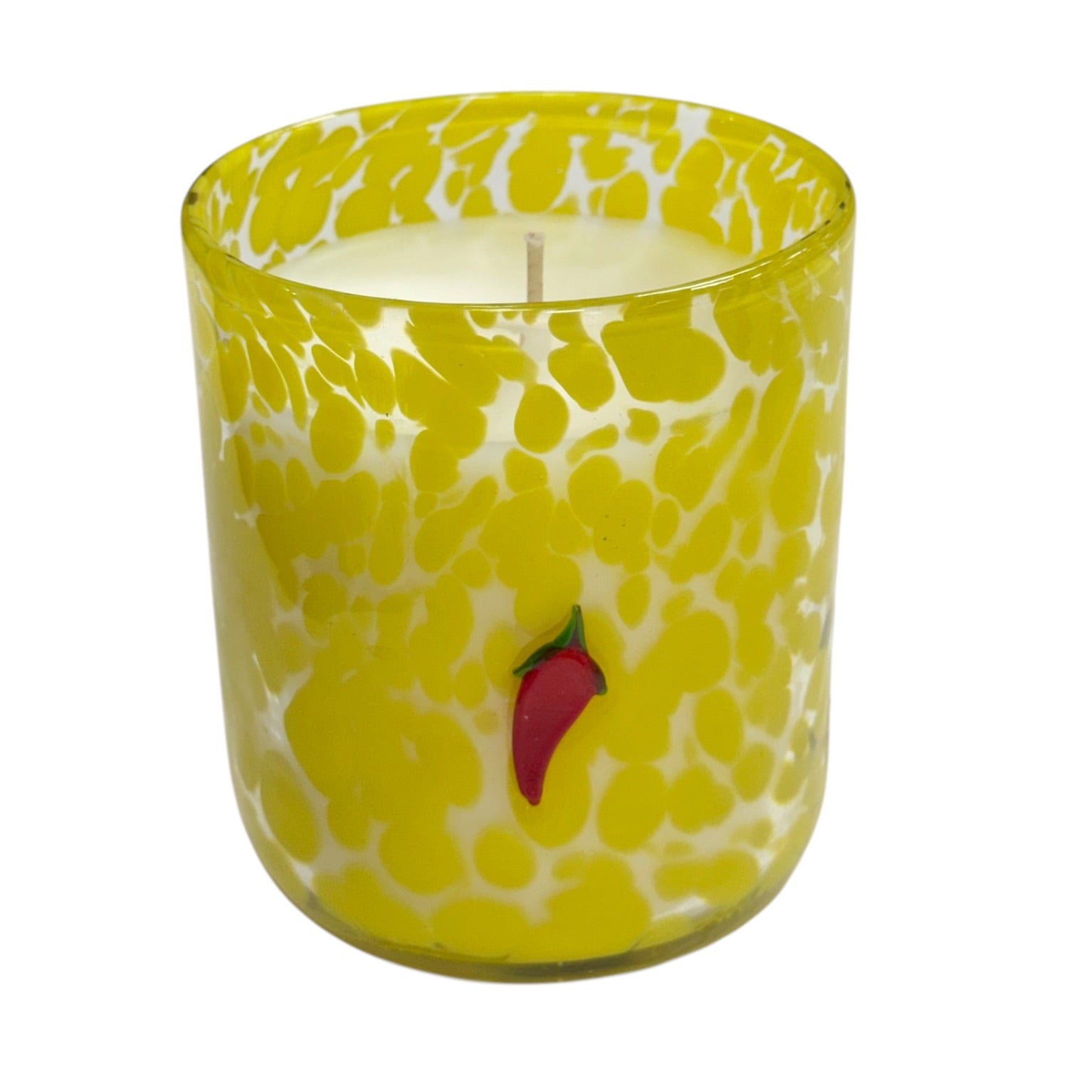 Yellow candle jar with a red chili pepper design on a white background