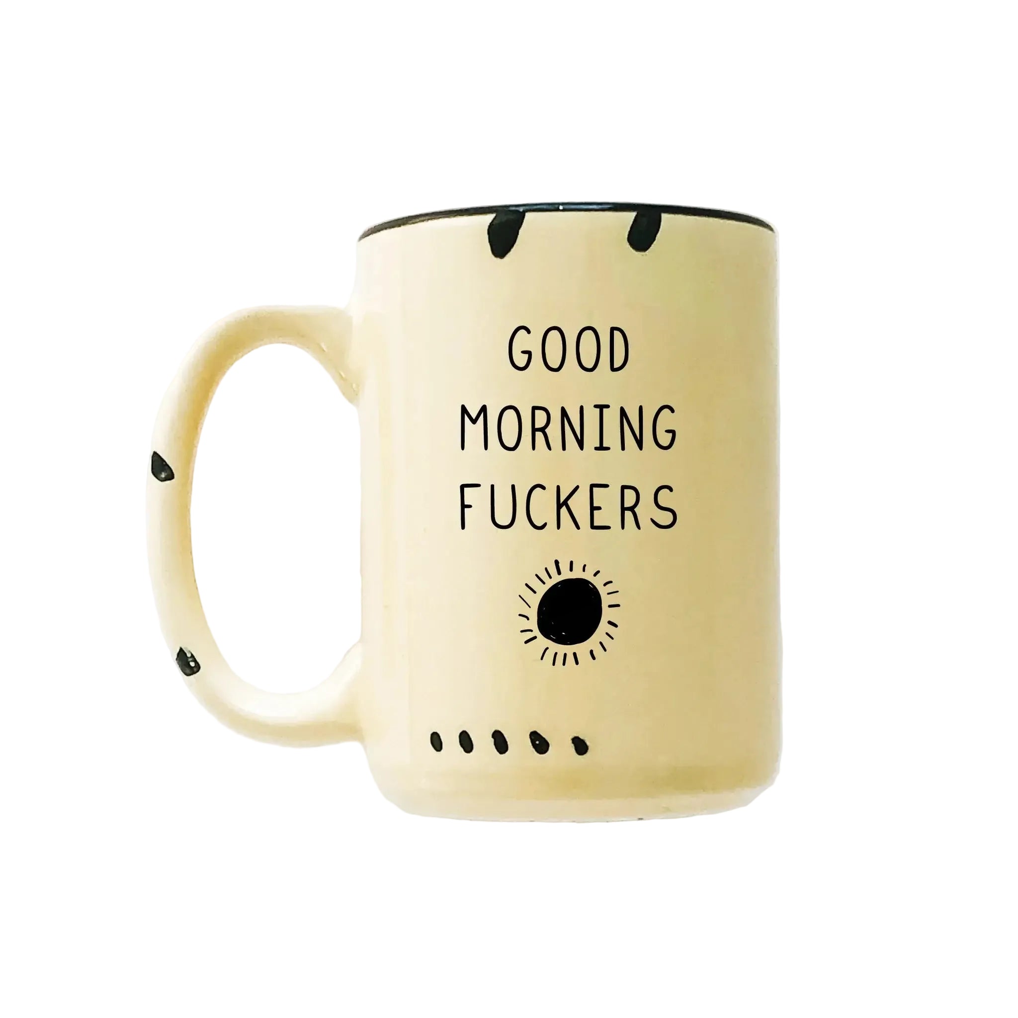 yellow mug with black text and design on a white background
