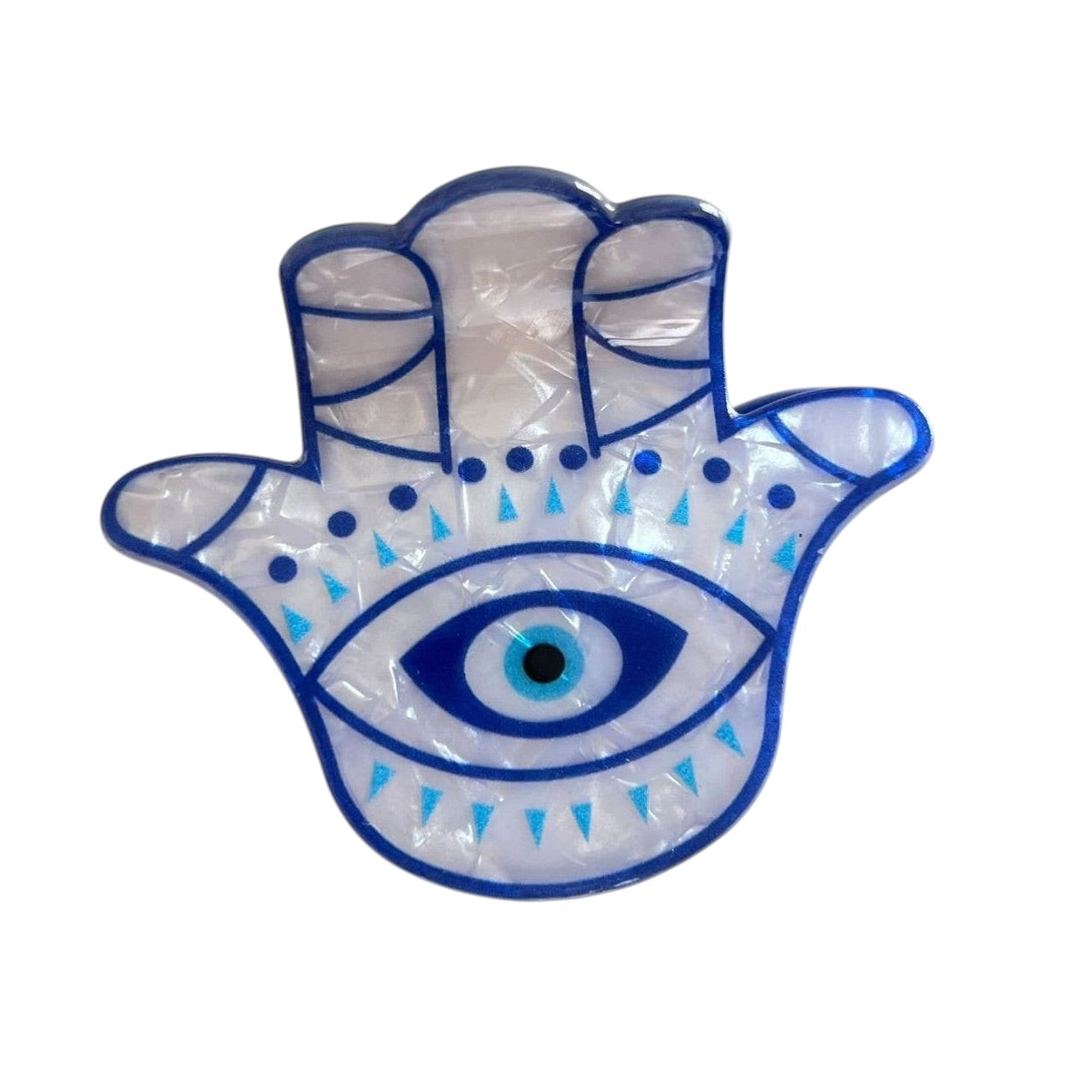 Hamsa hand with eye design on a white background