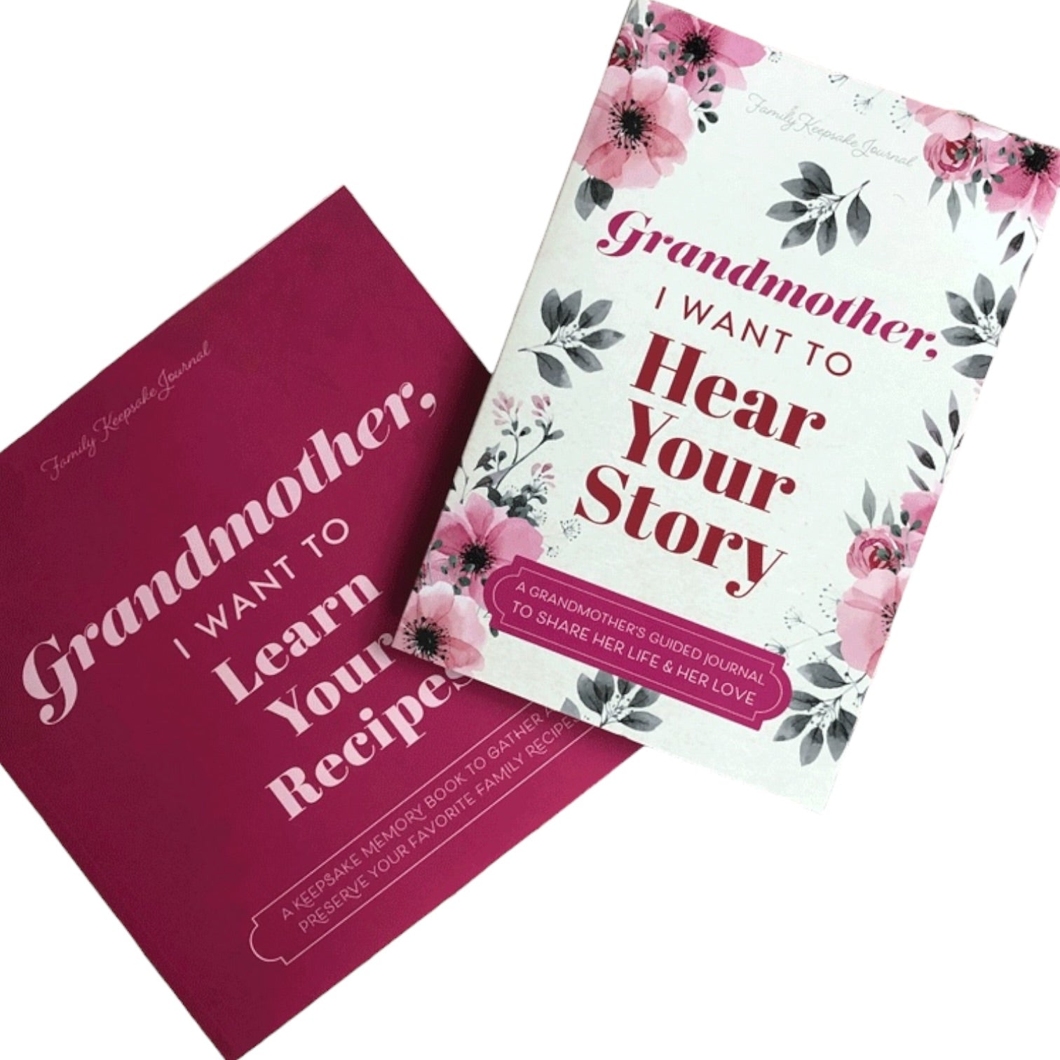 Two books titled 'Grandmother, I Want to Learn Your Recipes' and 'Grandmother, I Want to Hear Your Story' on a white background.