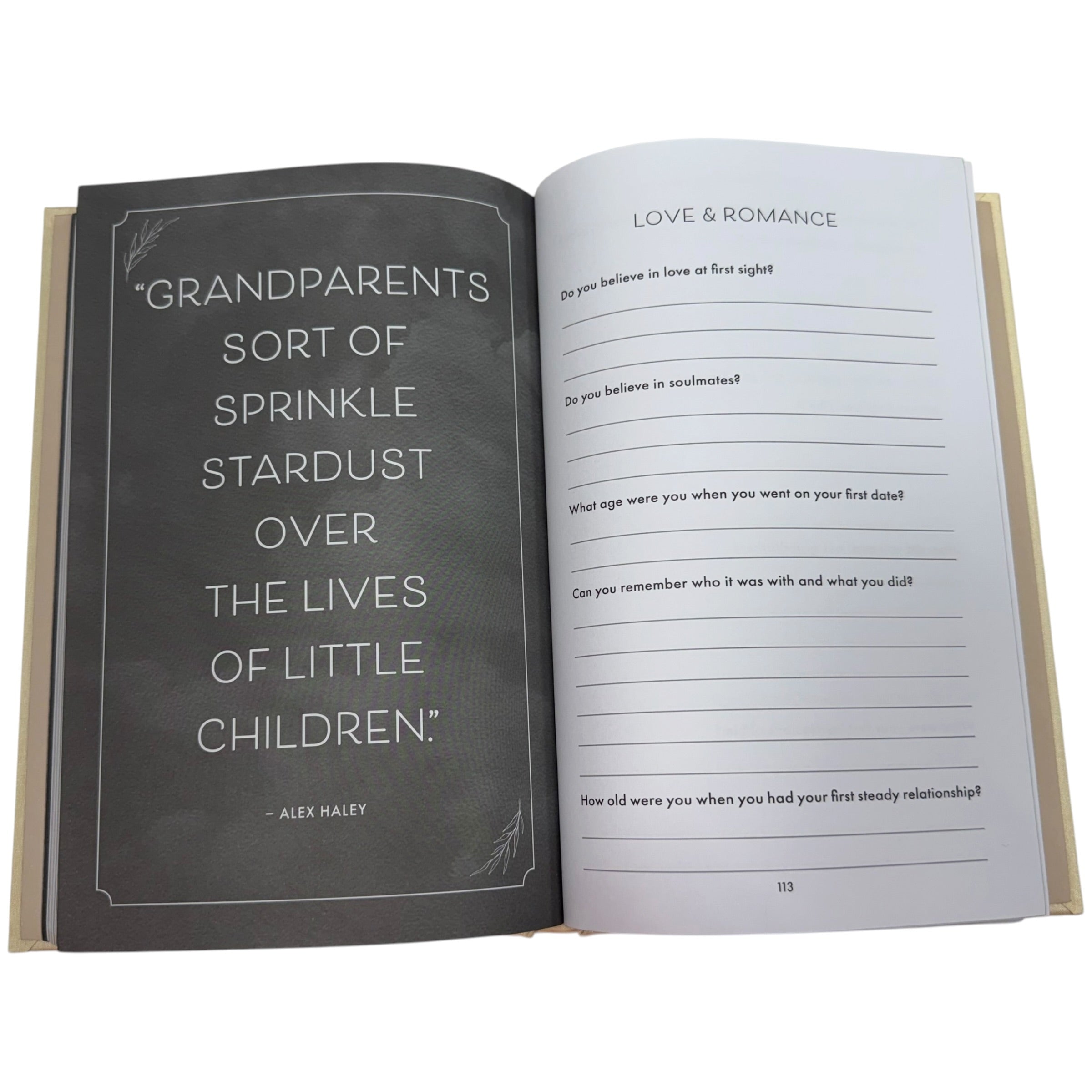 Open book with a quote on one page and questions on the other, on a white background