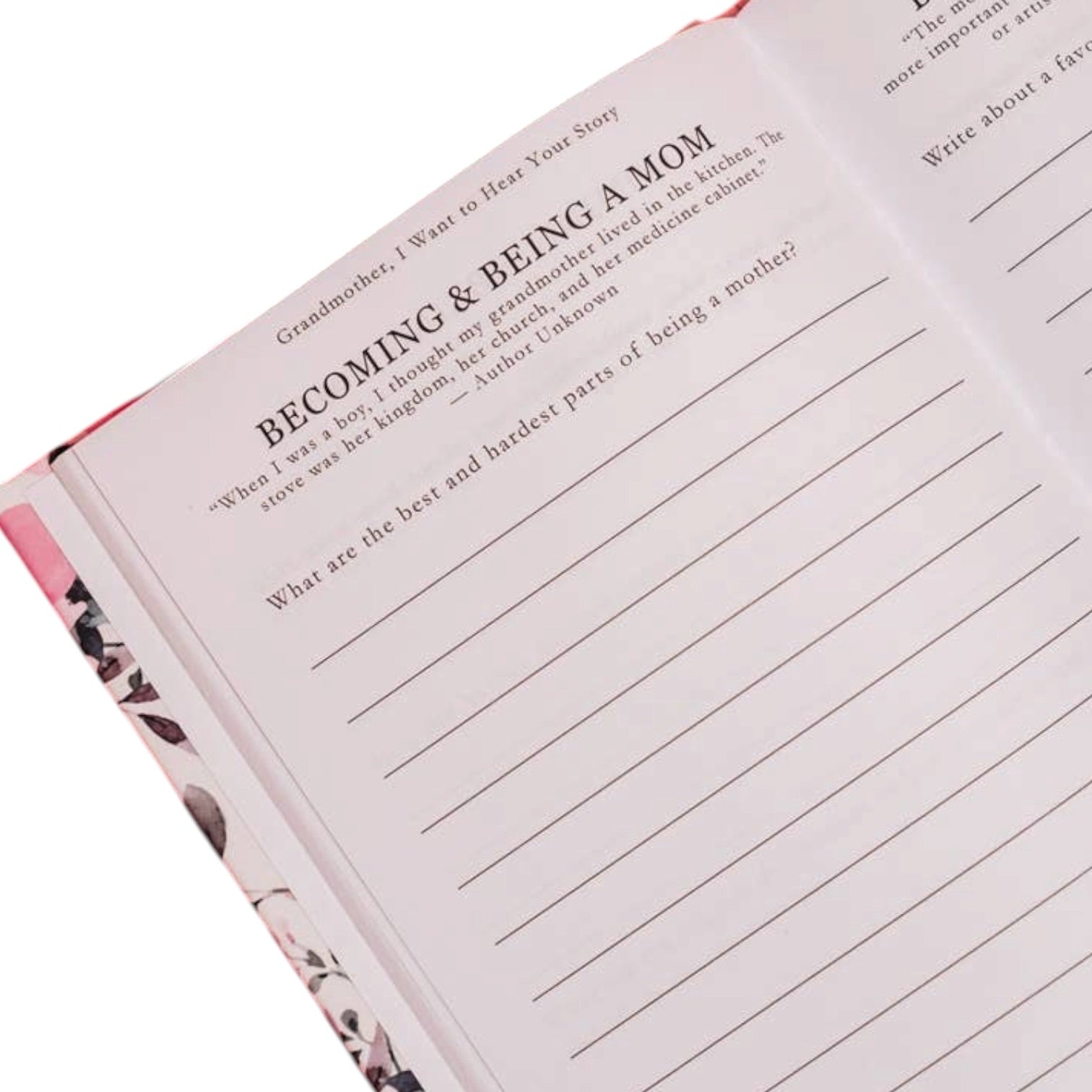 Open book with lined pages and text on a white background