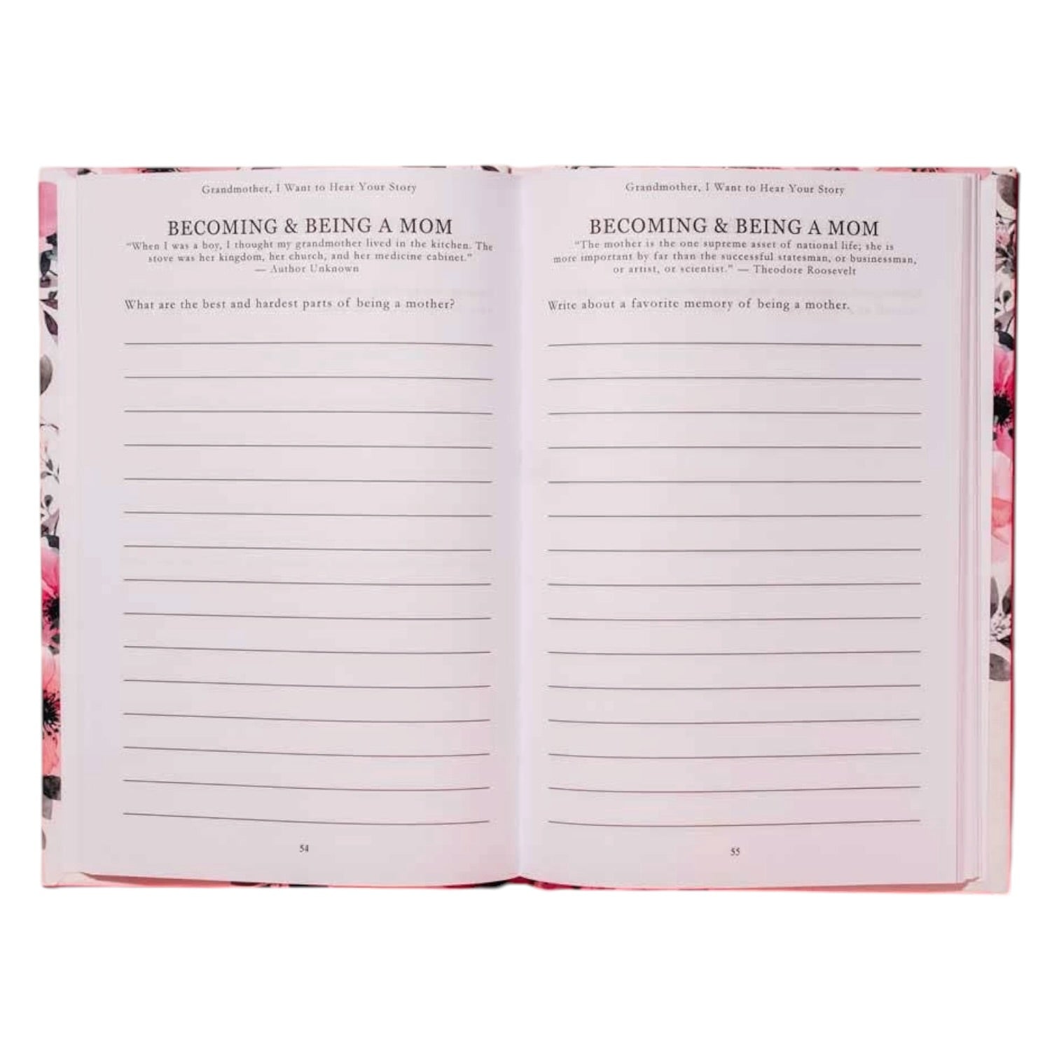 Open book with lined pages and floral design on a white background