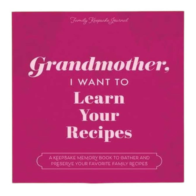 Book cover with text 'Grandmother, I want to learn your recipes' on a pink background