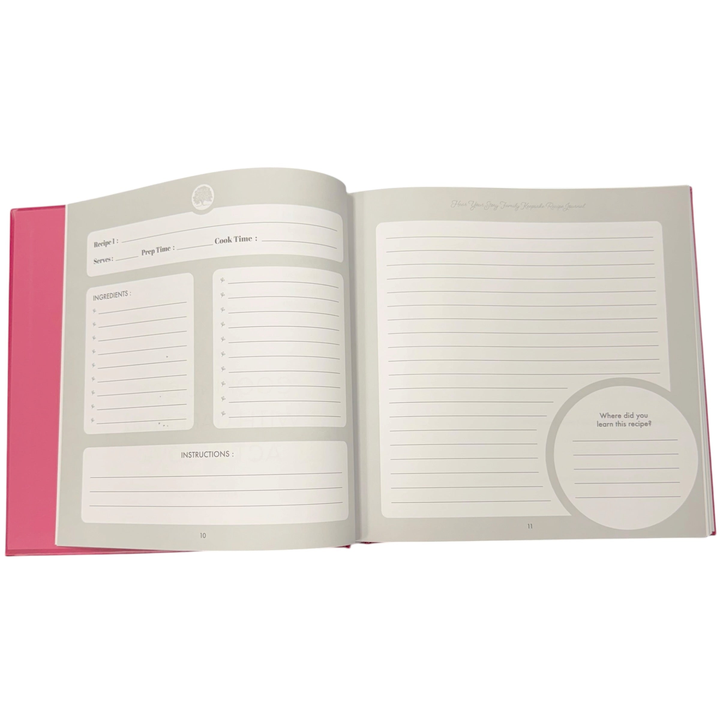 Open book with recipe and notes sections on a white background