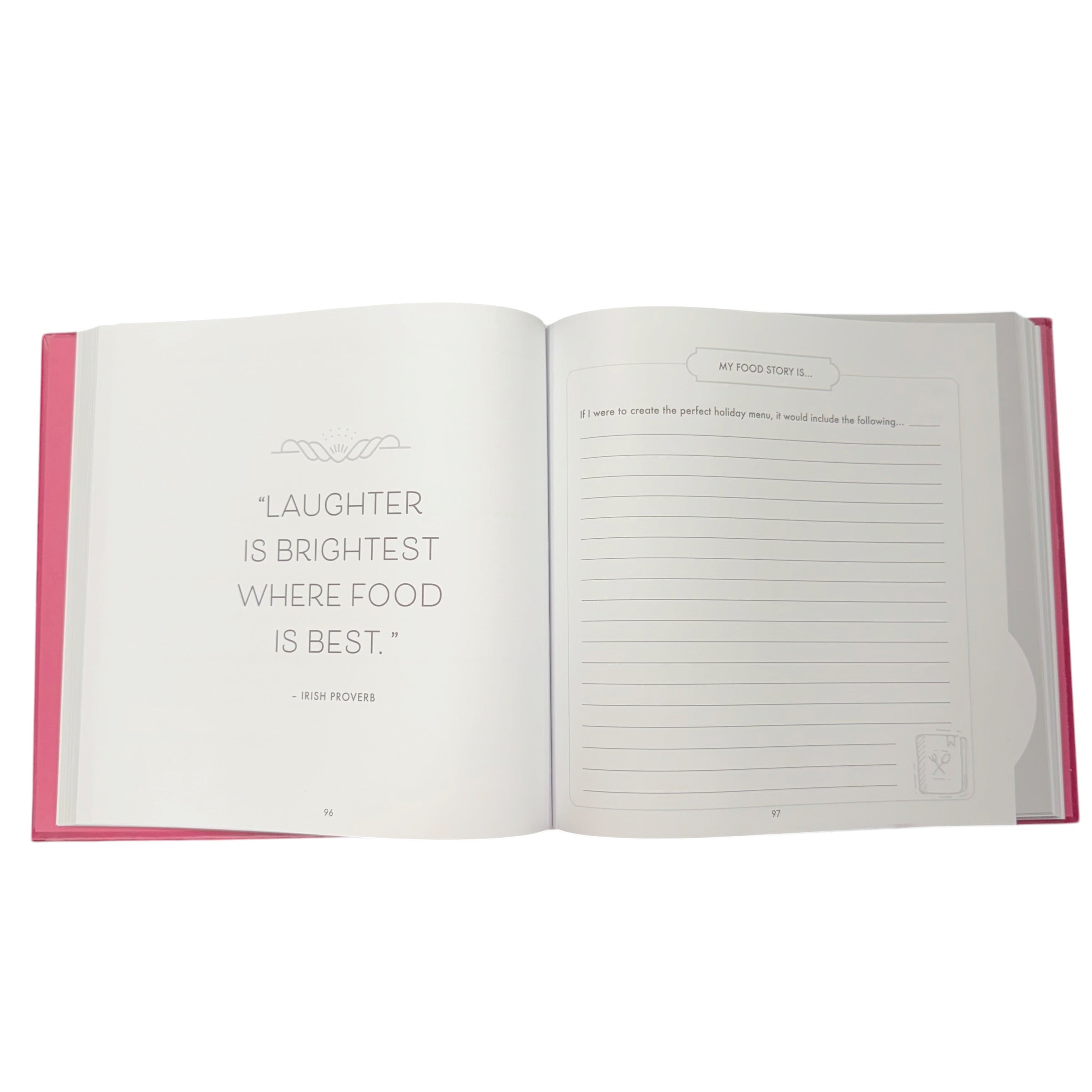 Open book with a quote and lined pages on a white background