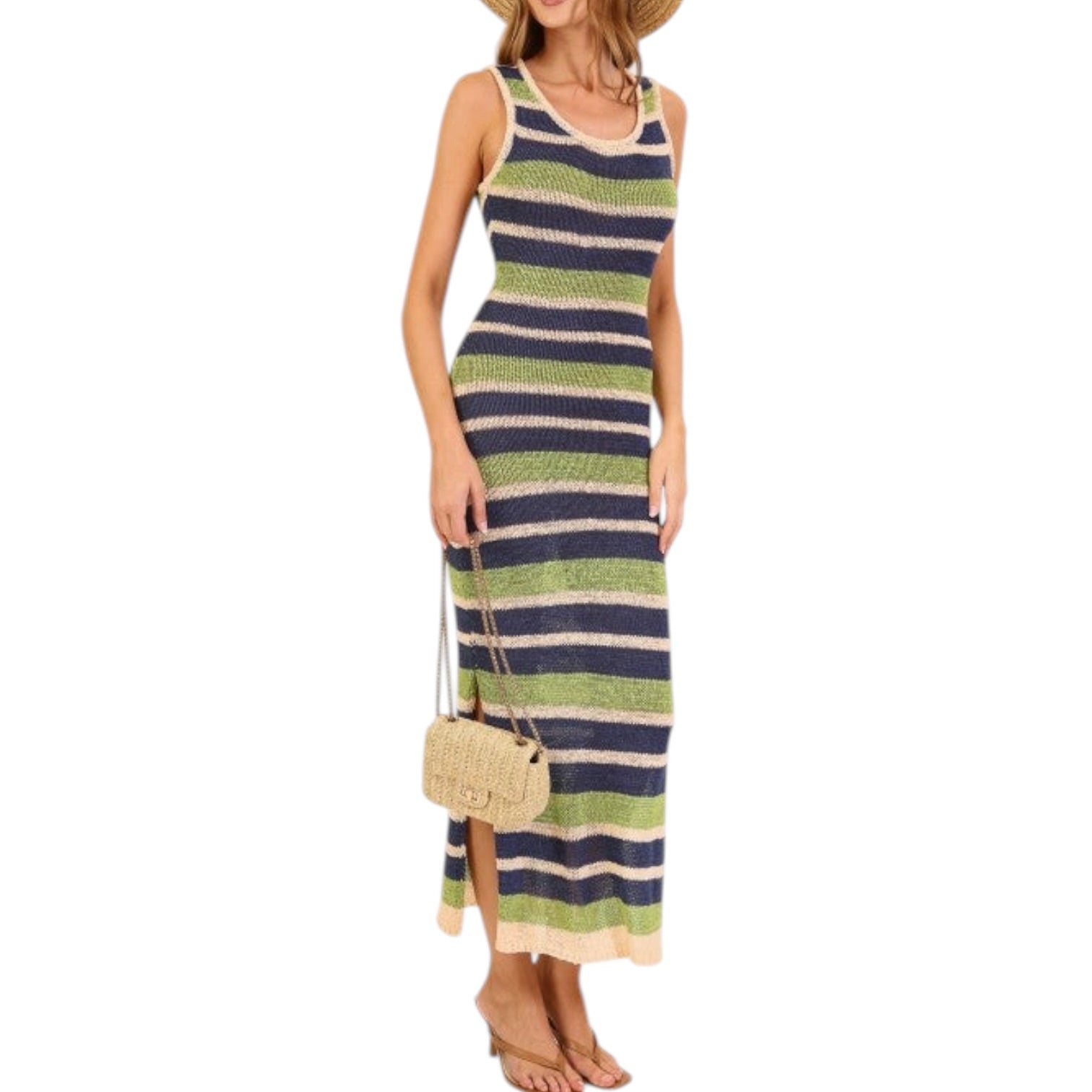 Woman wearing a striped dress with a white background