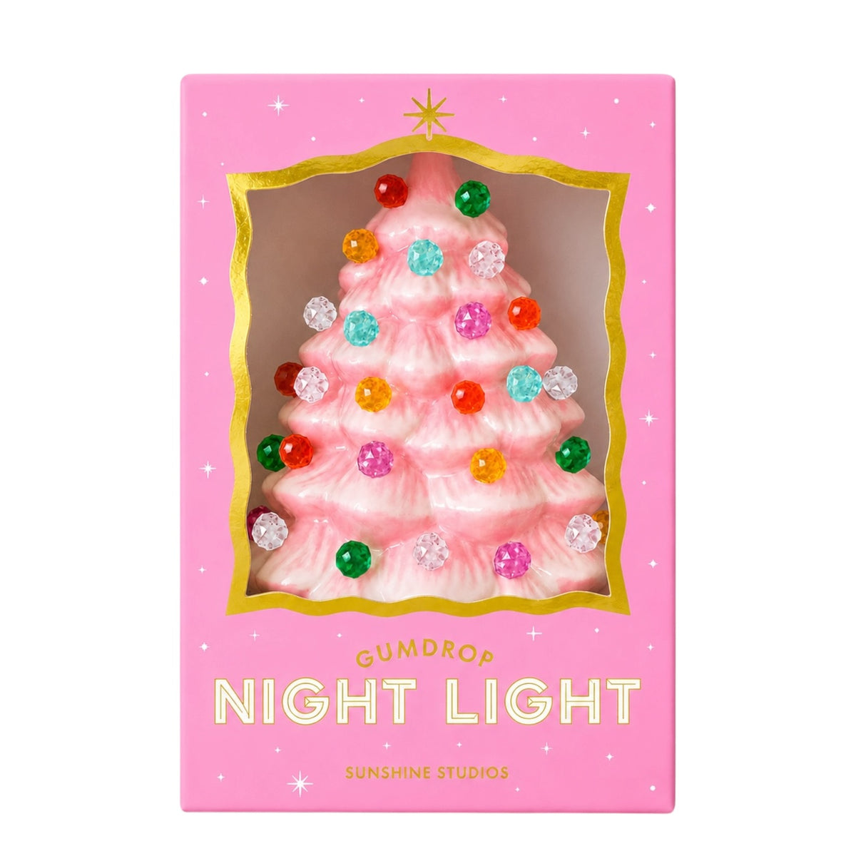 Pink 'Gumdrop Night Light' gift box by Sunshine Studios, featuring a window view of a pink Christmas tree ornament with colorful gem-like decorations.