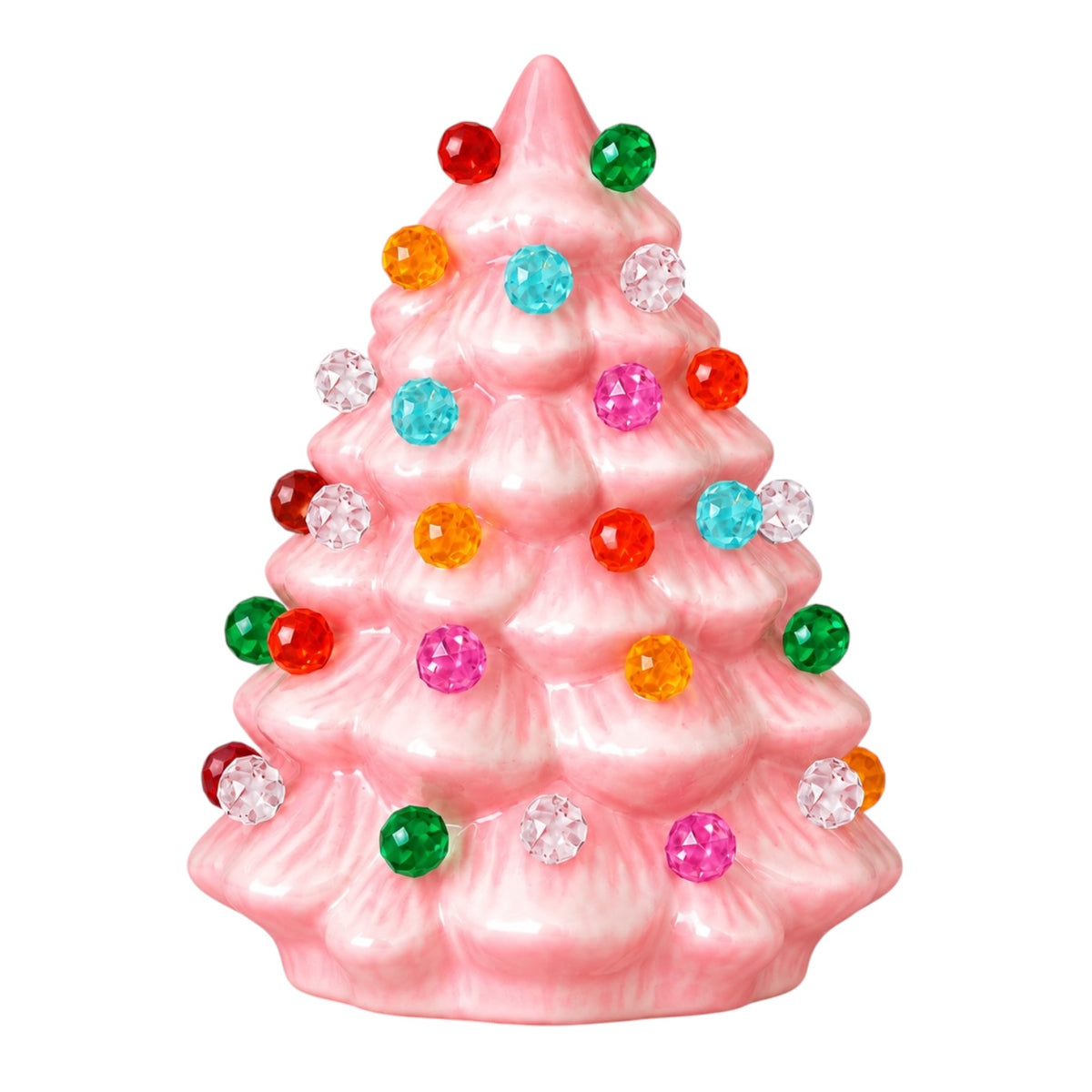 A pink Christmas tree figurine decorated with colorful faceted ornaments in red, green, orange, turquoise, and pink, set against a plain white background.