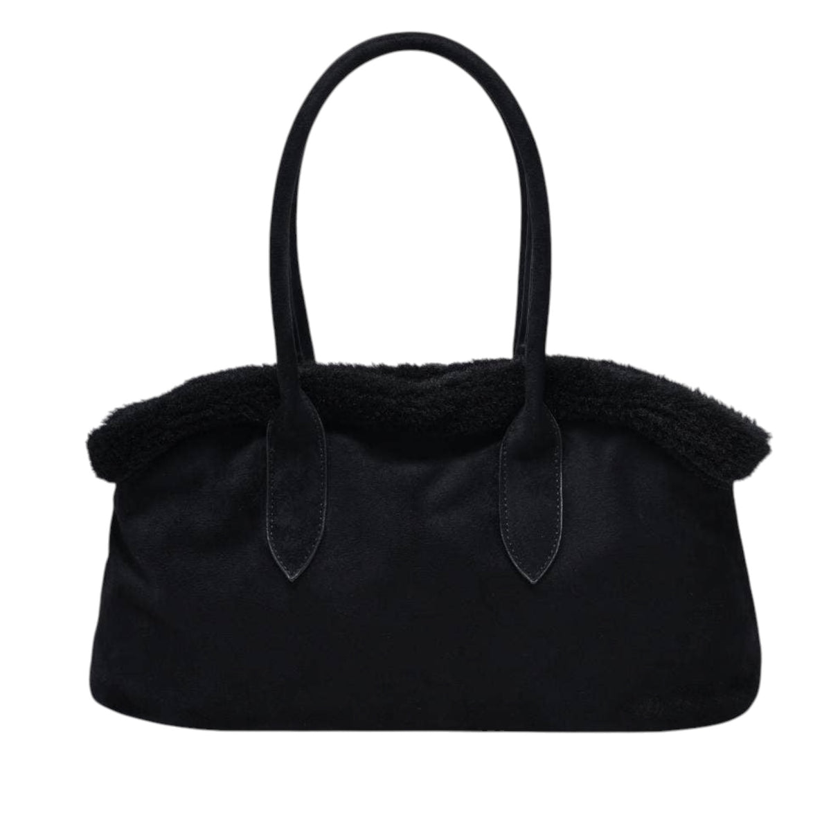A black handbag with a soft, fuzzy shearling-style trim along the top edge and double top handles, shown against a plain white background.