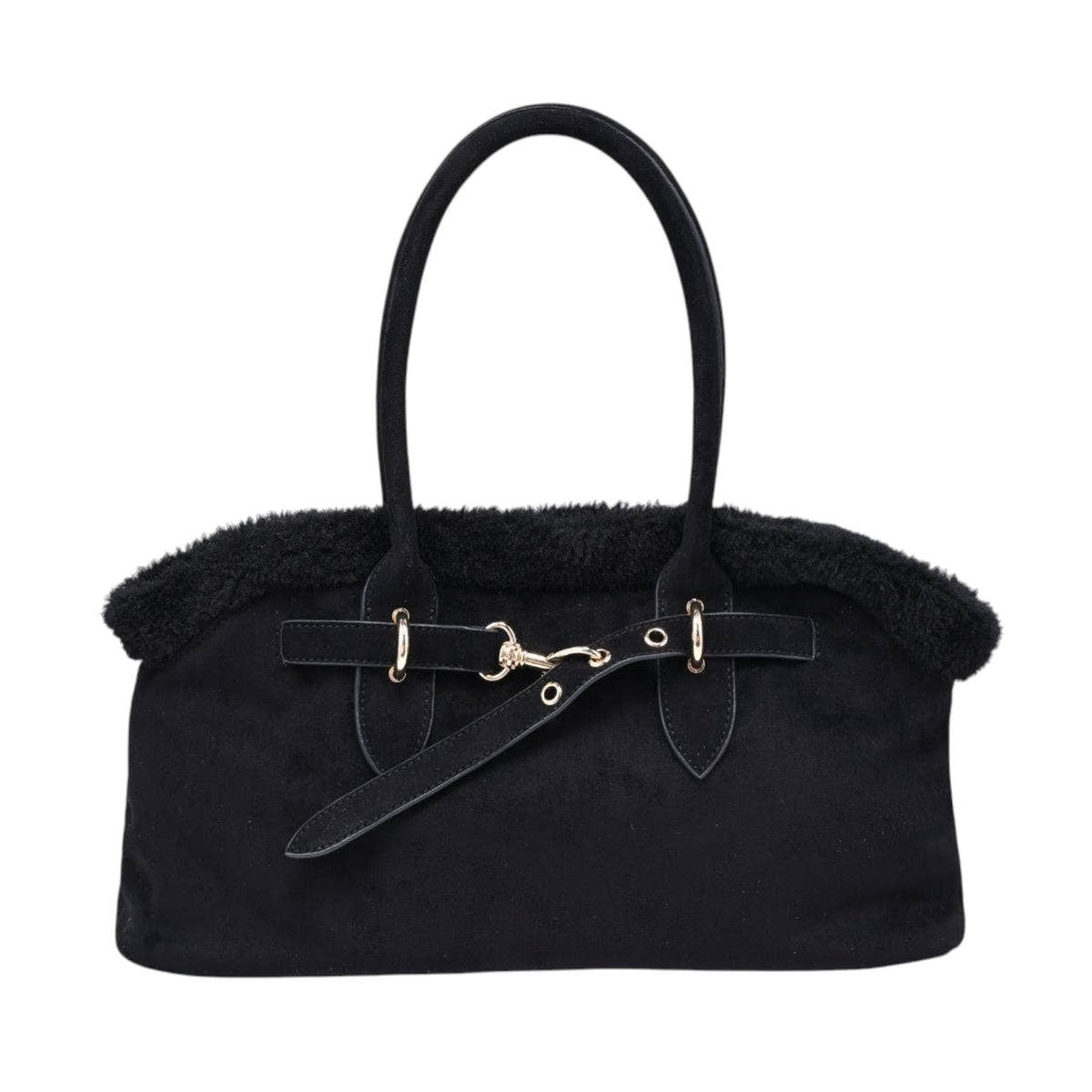 A black suede handbag with a black faux-fur trim, double top handles, and a decorative strap with gold-tone hardware, shown against a plain white background.