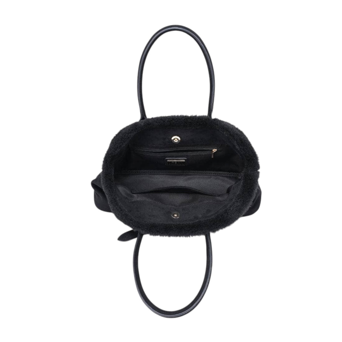 Black faux fur handbag with black leather handles, shown from a top-down view against a white background.